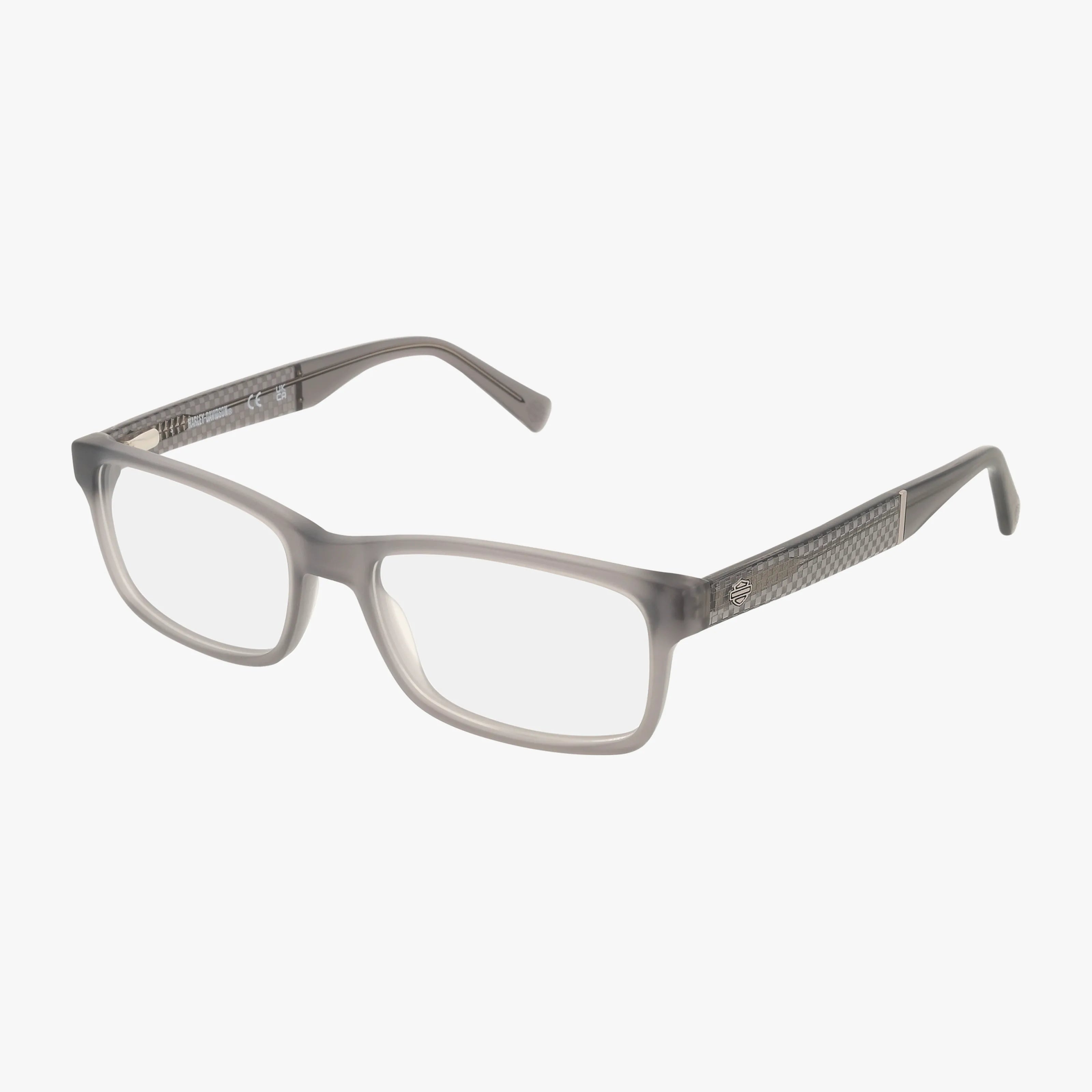 The HD774 eyeglasses feature a rectangular shape in translucent gray with textured temple detailing, designed to enhance your confidence and style, shown against a plain white background.