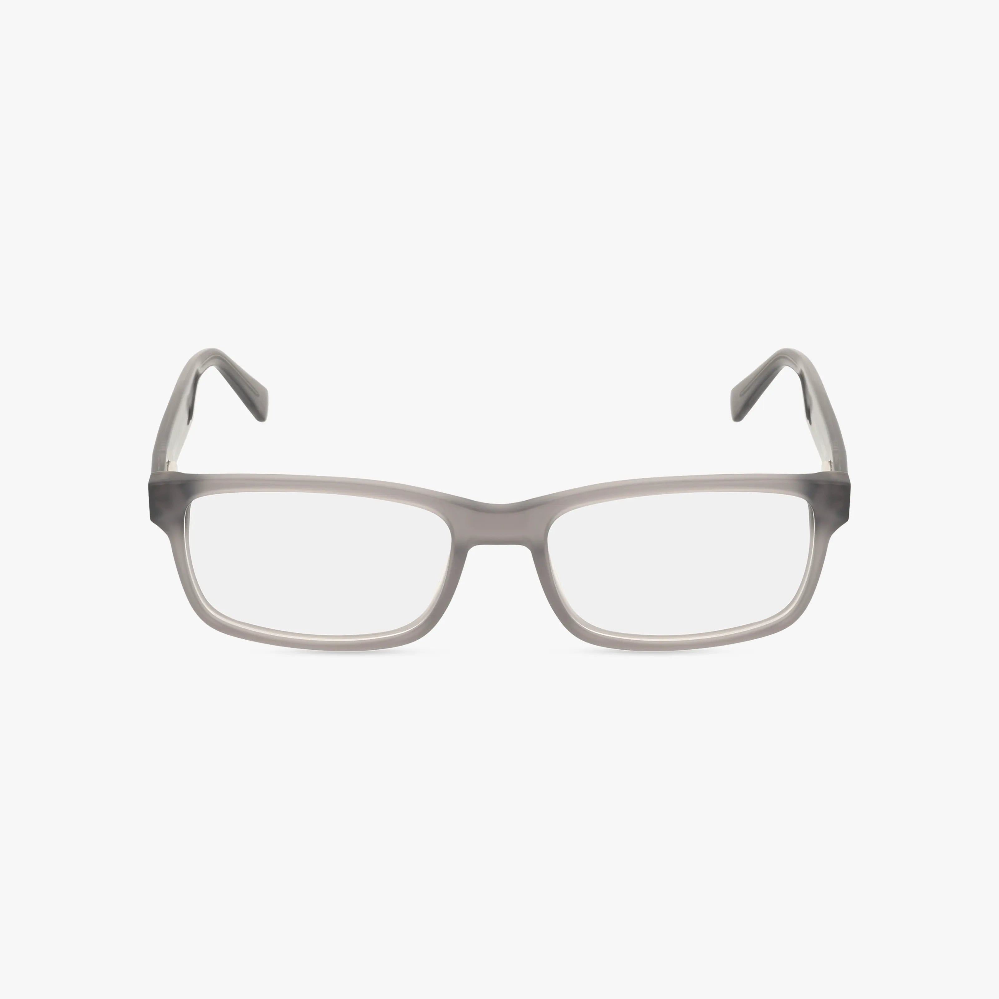 The HD774 is a pair of rectangular eyeglasses featuring clear lenses and translucent gray frames, designed to enhance confidence and style, shown against a plain white background.
