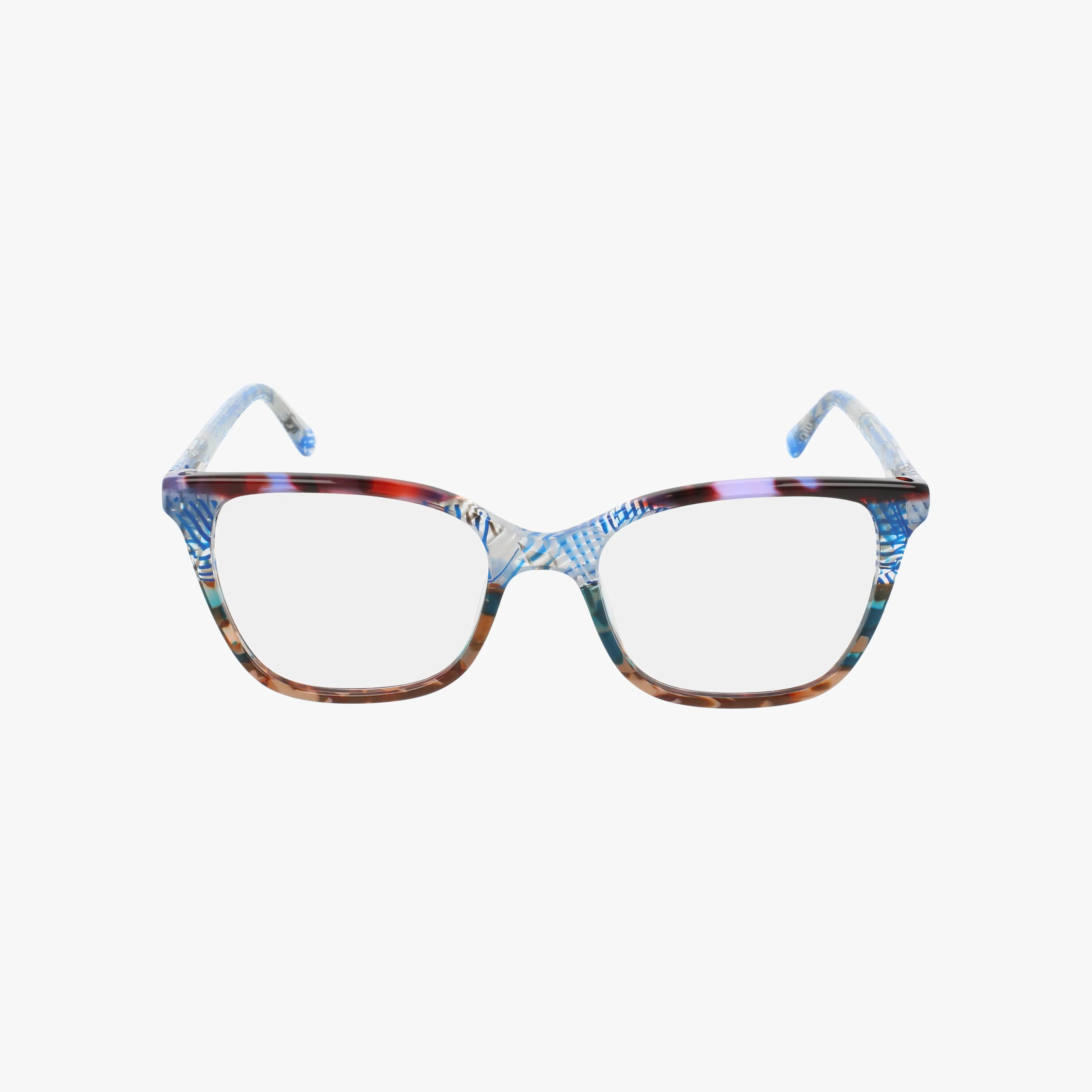 The TK1303 eyeglasses feature rectangular frames with a multicolored pattern of blue, brown, and hints of purple on a white background.