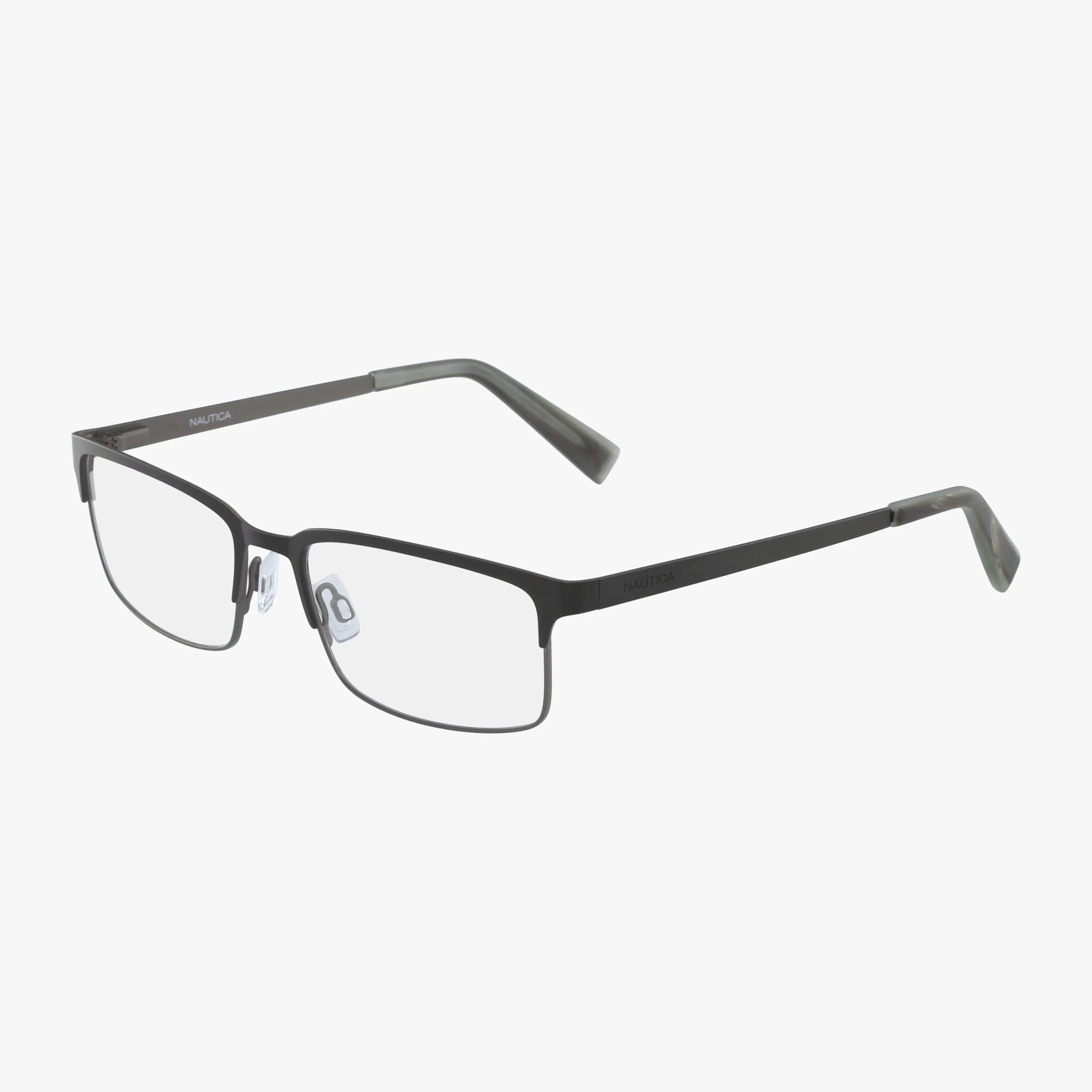 The N7270 features rectangular, semi-rimless eyeglasses with a stylish black metal frame and curved earpieces. Nautica branding appears on the arm. Set against a plain white background.