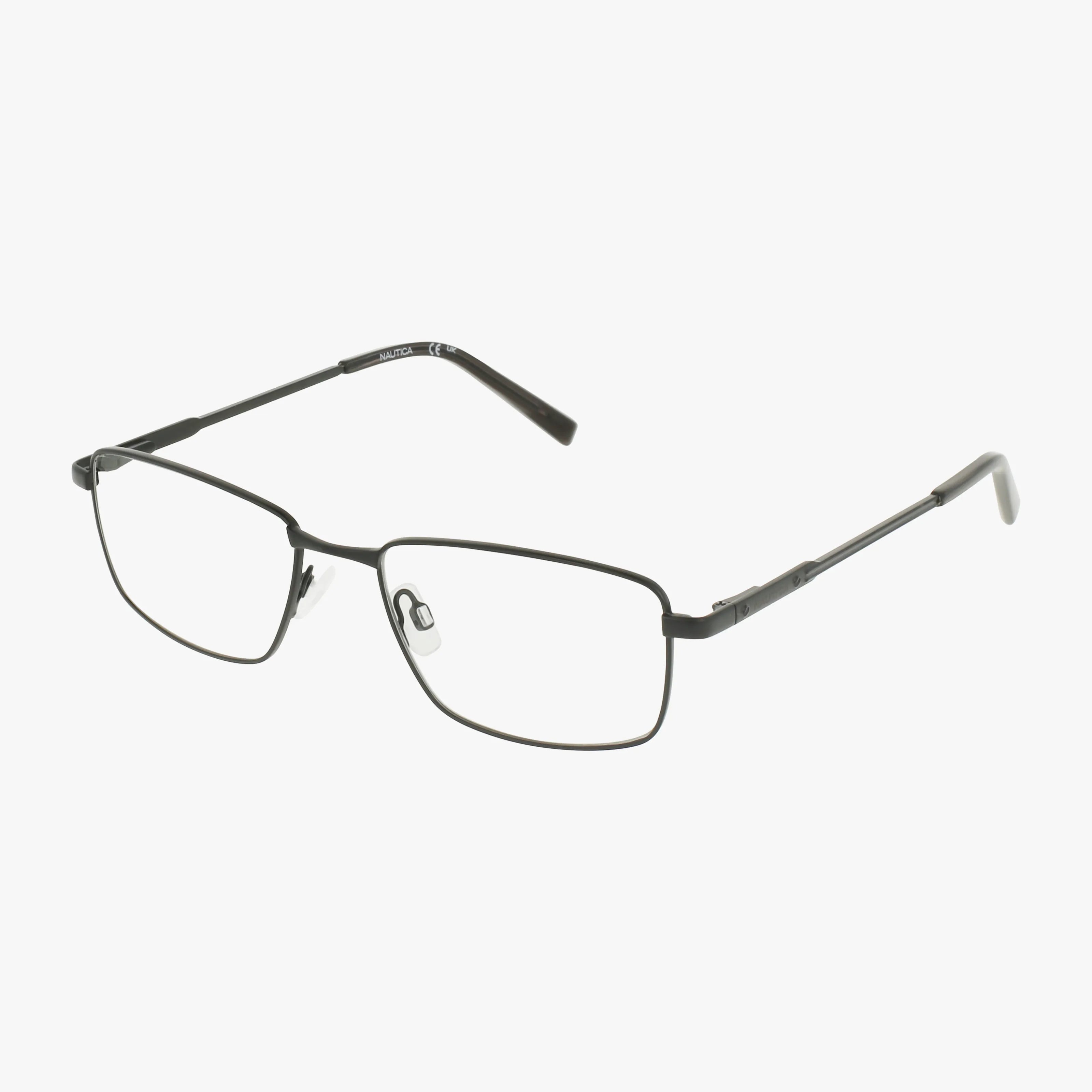 The N7347 features rectangular, thin metal eyeglass frames with a resilient frame, black arms, and clear nose pads, displayed against a white background.
