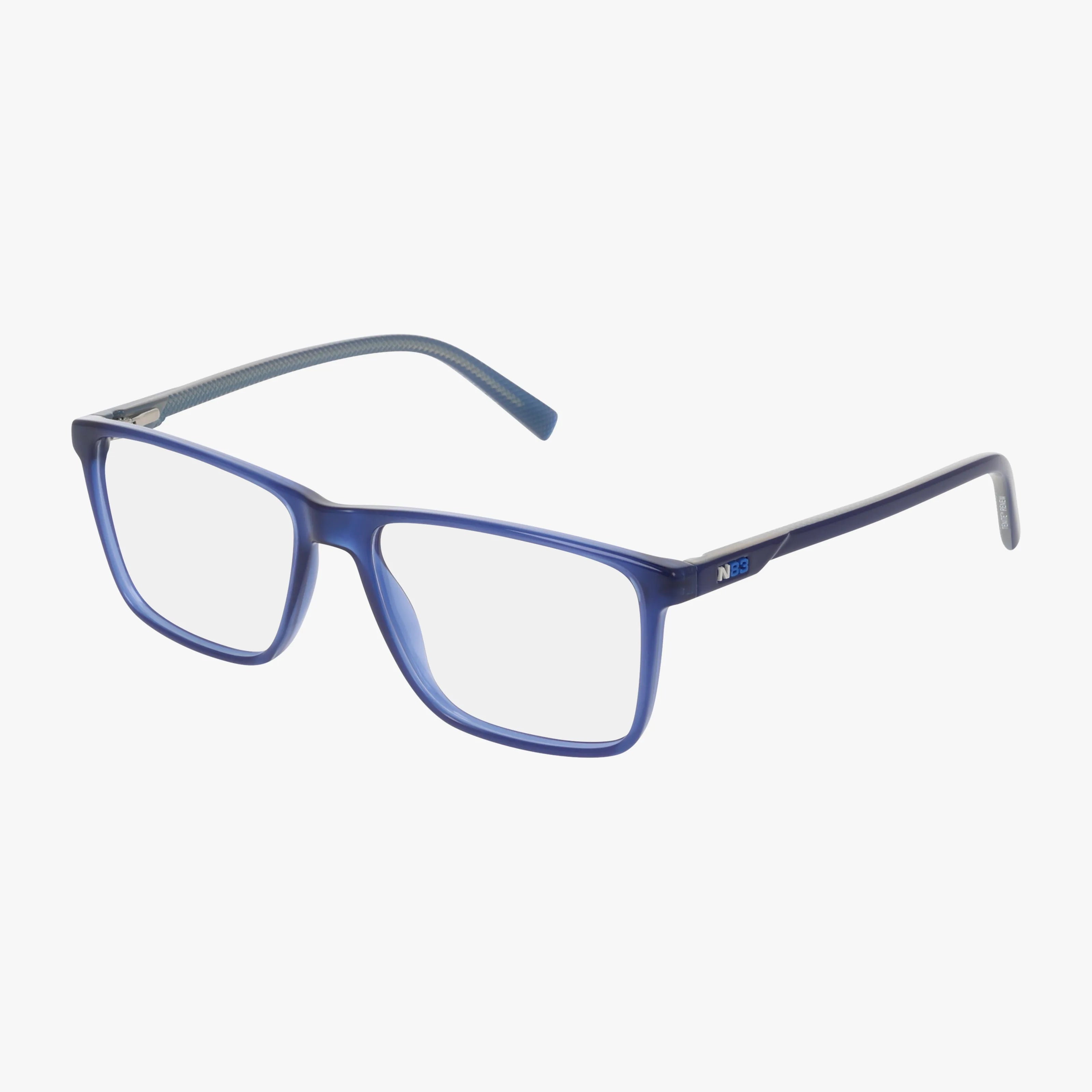 The N8195 features blue rectangular eyeglasses with a polished frame and clear lenses, combining durability and style.