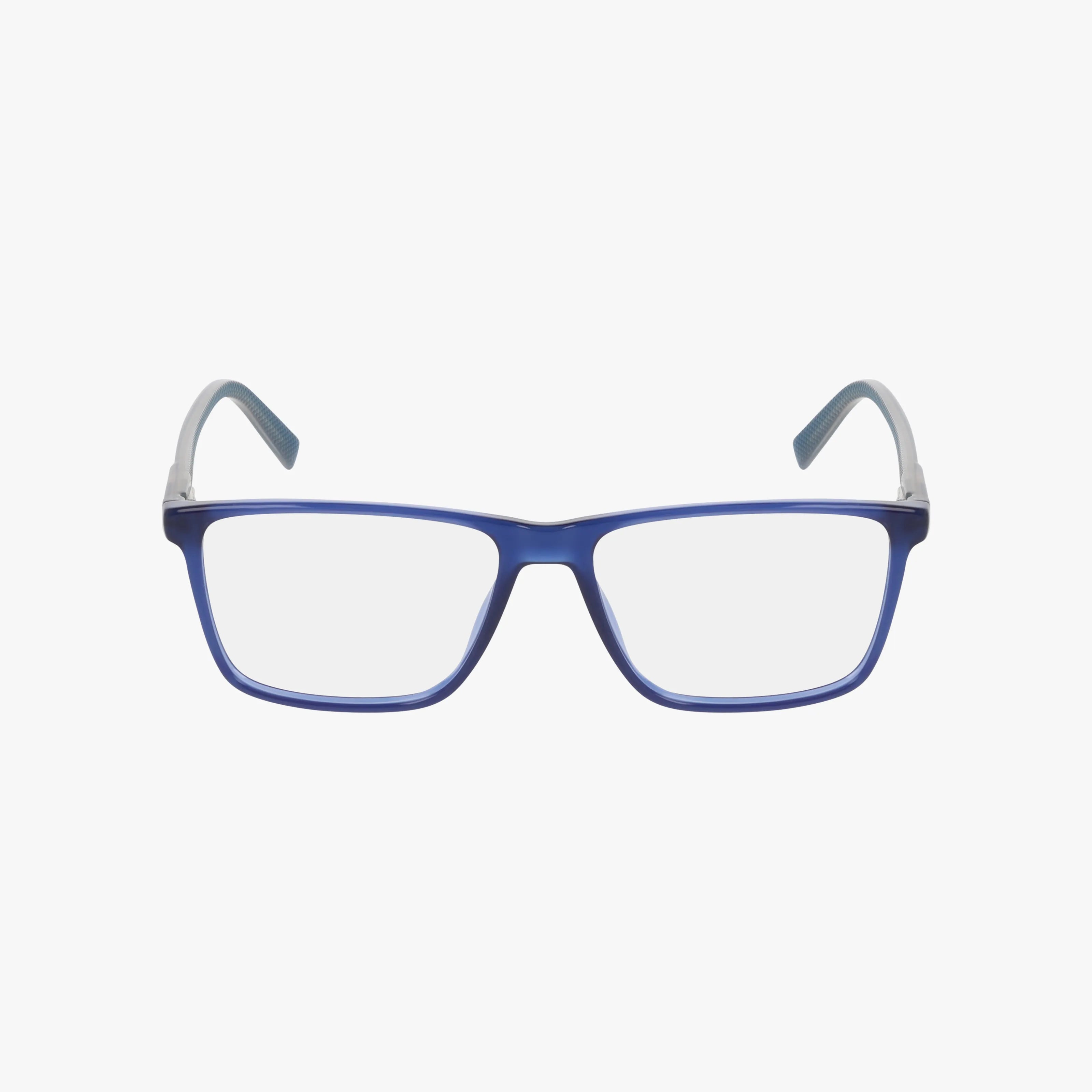 The N8195 features rectangular blue eyeglasses with a polished frame, clear lenses, and light gray inner arms for stylish durability, shown on a white background.