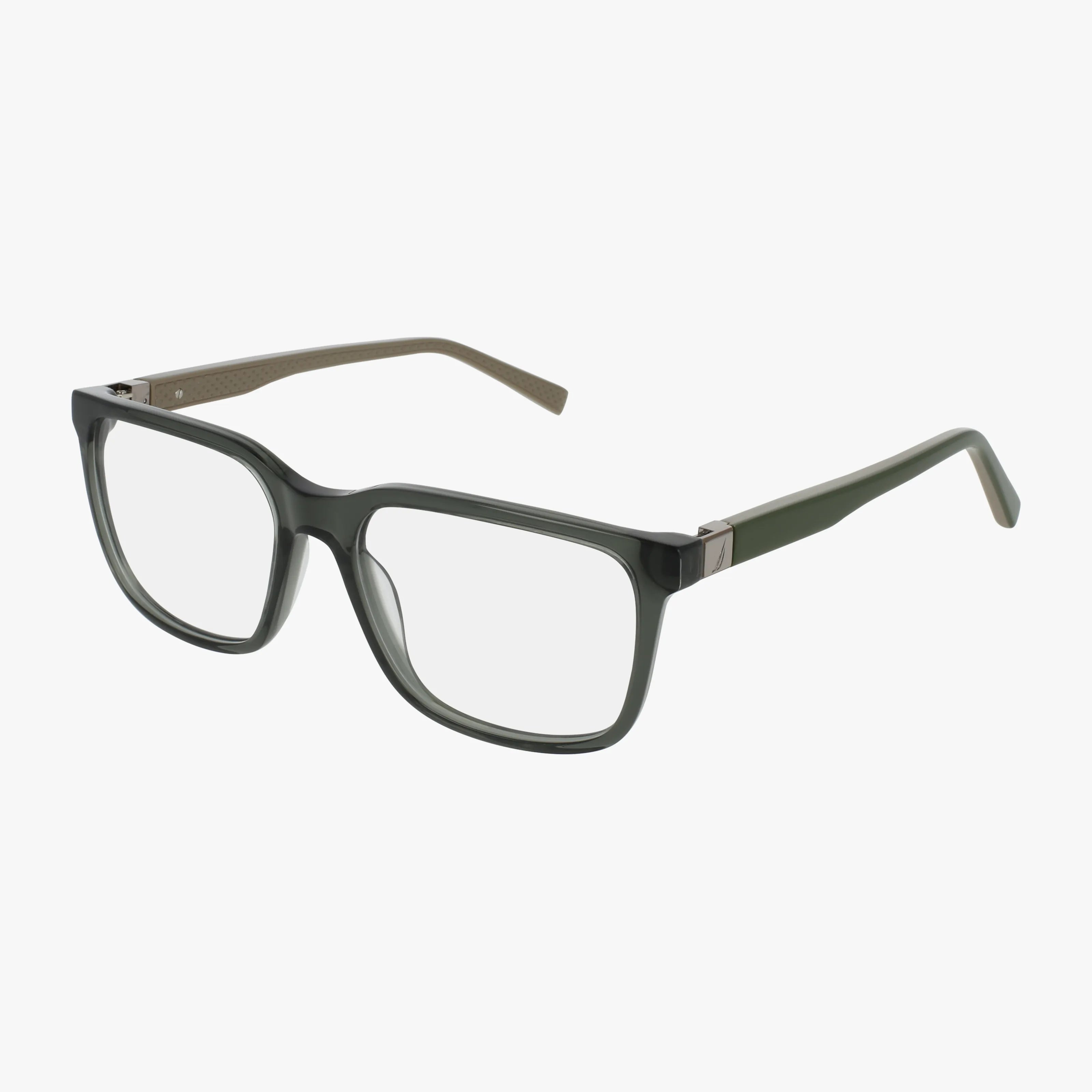 The N8198 is a pair of rectangular eyeglasses with progressive lenses and glossy dark green plastic frames, combining durability and style. Displayed on a white background.