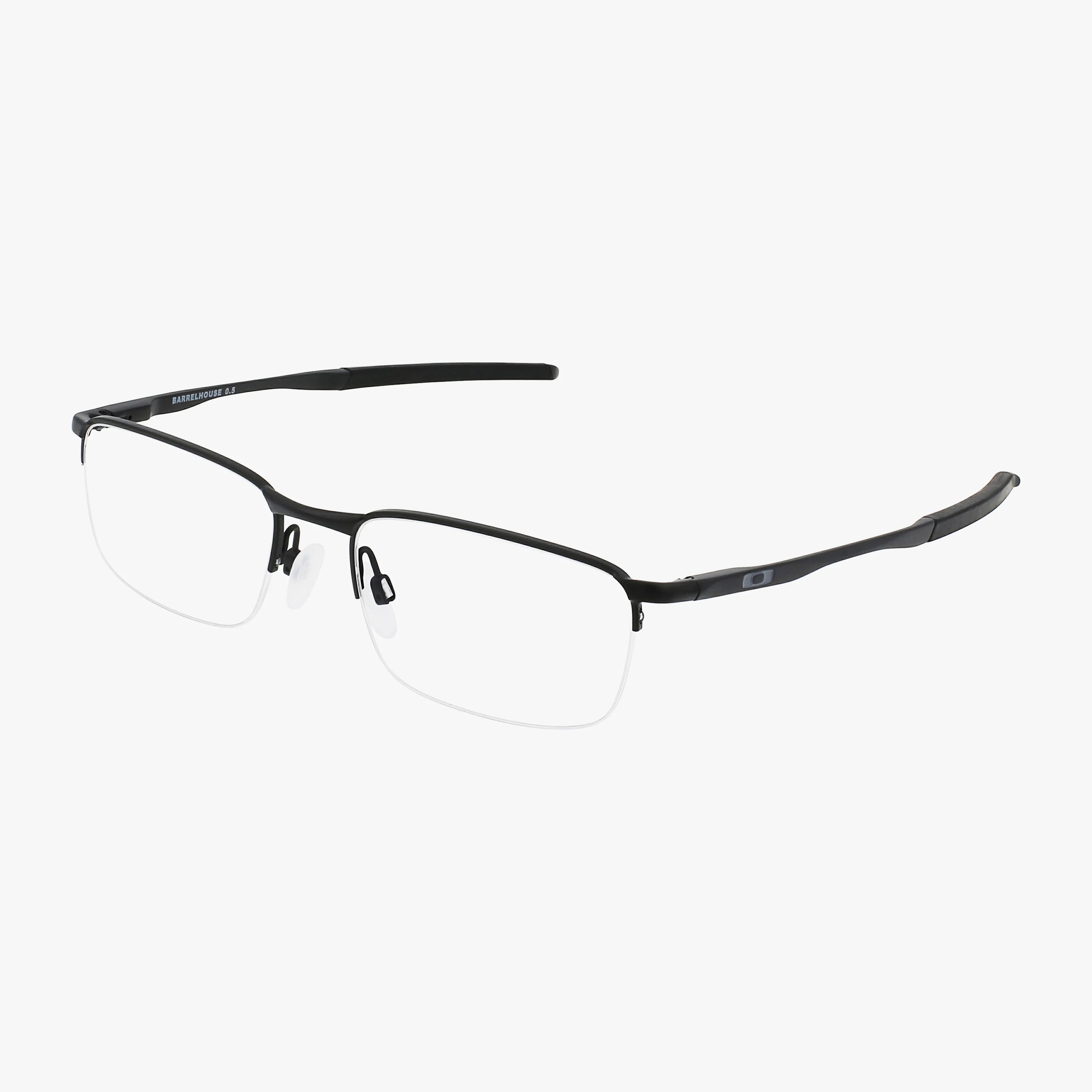 The OX3174 features semi-rimless black eyeglasses with thin metal frames and clear Transitions lenses. Sleek, slightly curved temples include subtle logo detailing for added style, all shown against a white background.