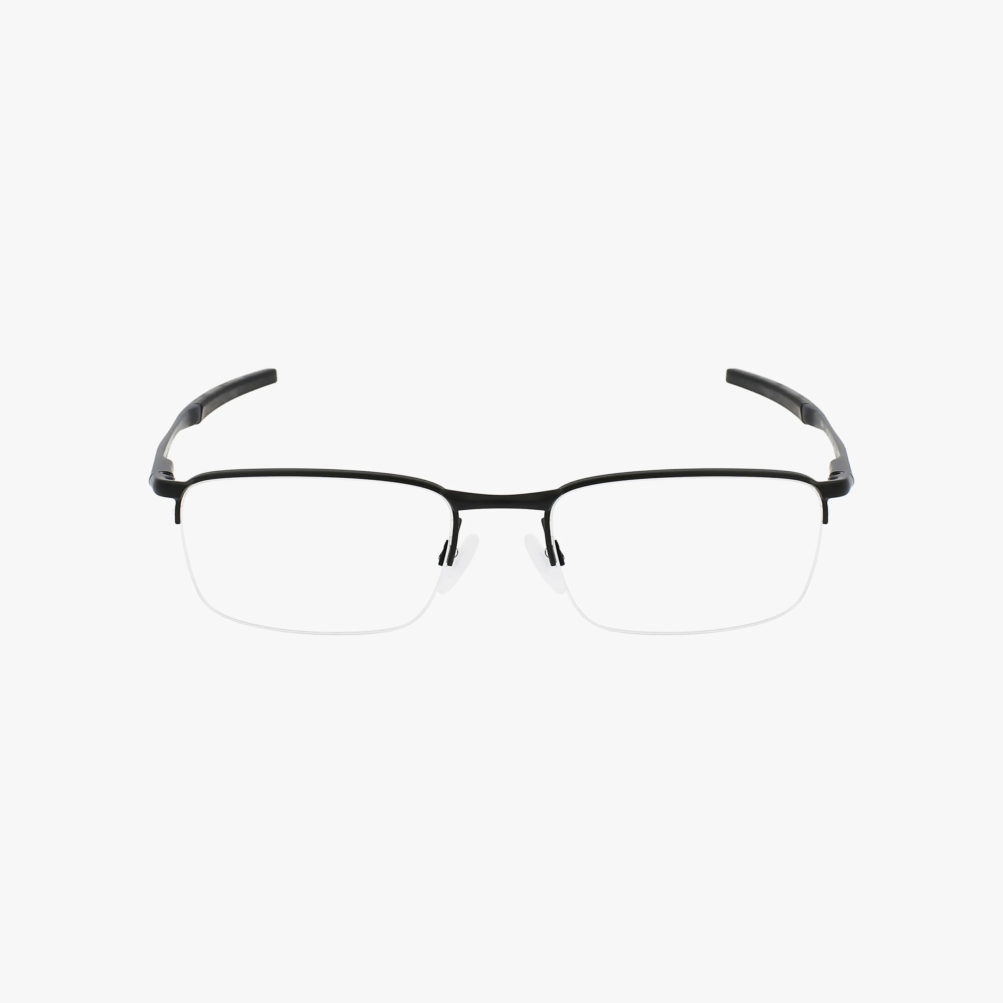 The OX3174 semi-rimless glasses feature a black upper frame, clear Transitions lenses, and black temples, shown on a white background for a timeless and versatile style.