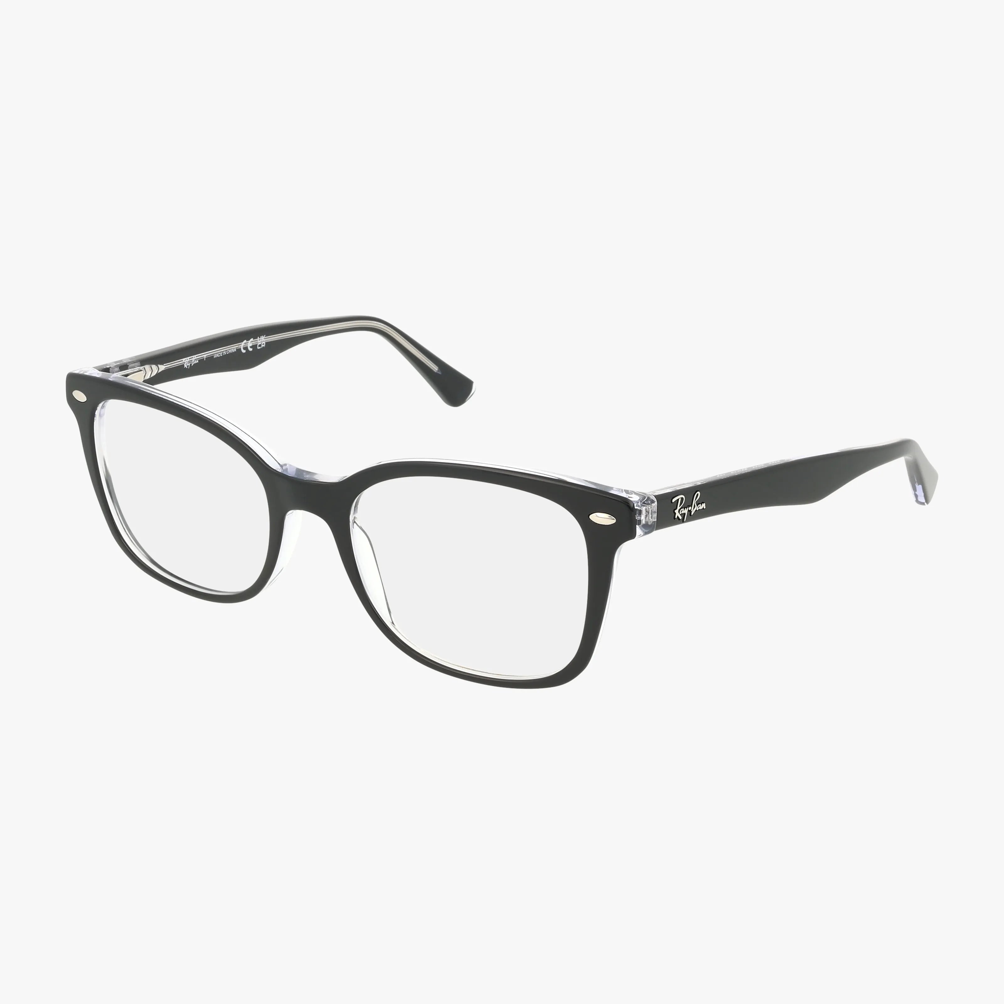 The RX5285 features black rectangular frames with classic lines, clear lenses, and subtle metallic accents on the front corners for a stylish look, shown against a white background.