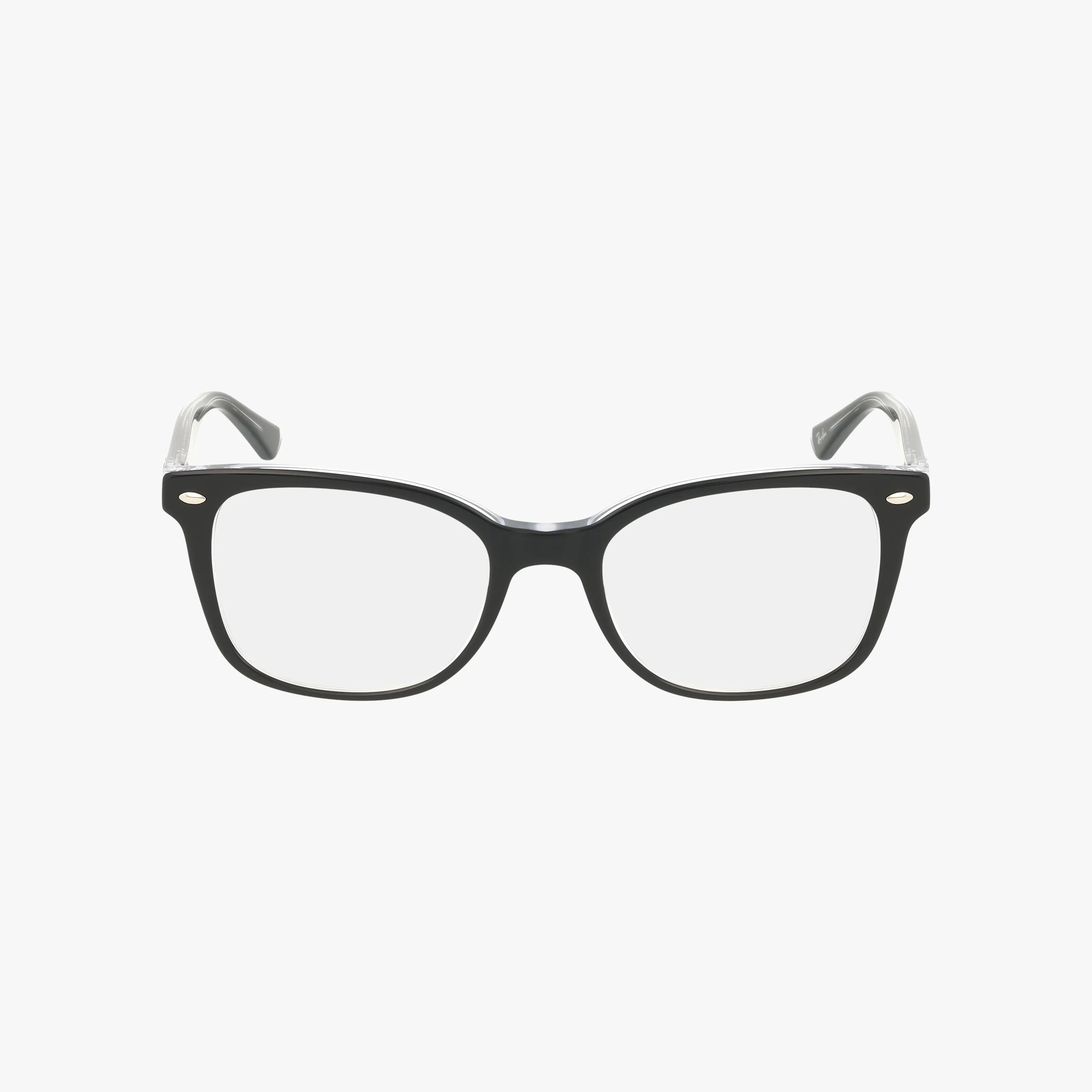 The RX5285 is a pair of black rectangular eyeglasses with classic lines and a stylish frame, featuring clear lenses, displayed on a plain white background.