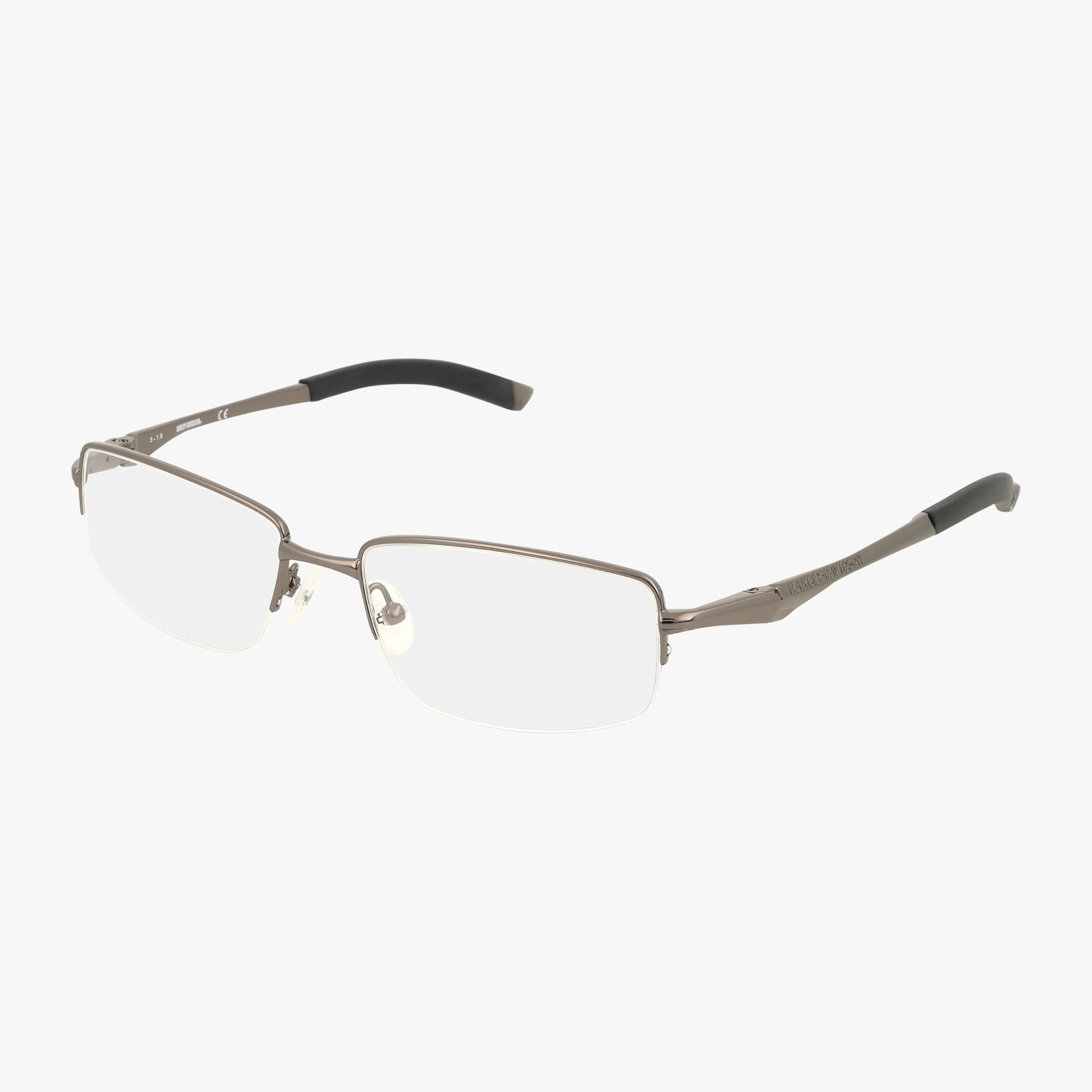The Harley Davidson HD365 features rectangular, semi-rimless eyeglasses with thin metallic frames and black plastic temple tips, blending classic style with performance—shown on a white background.