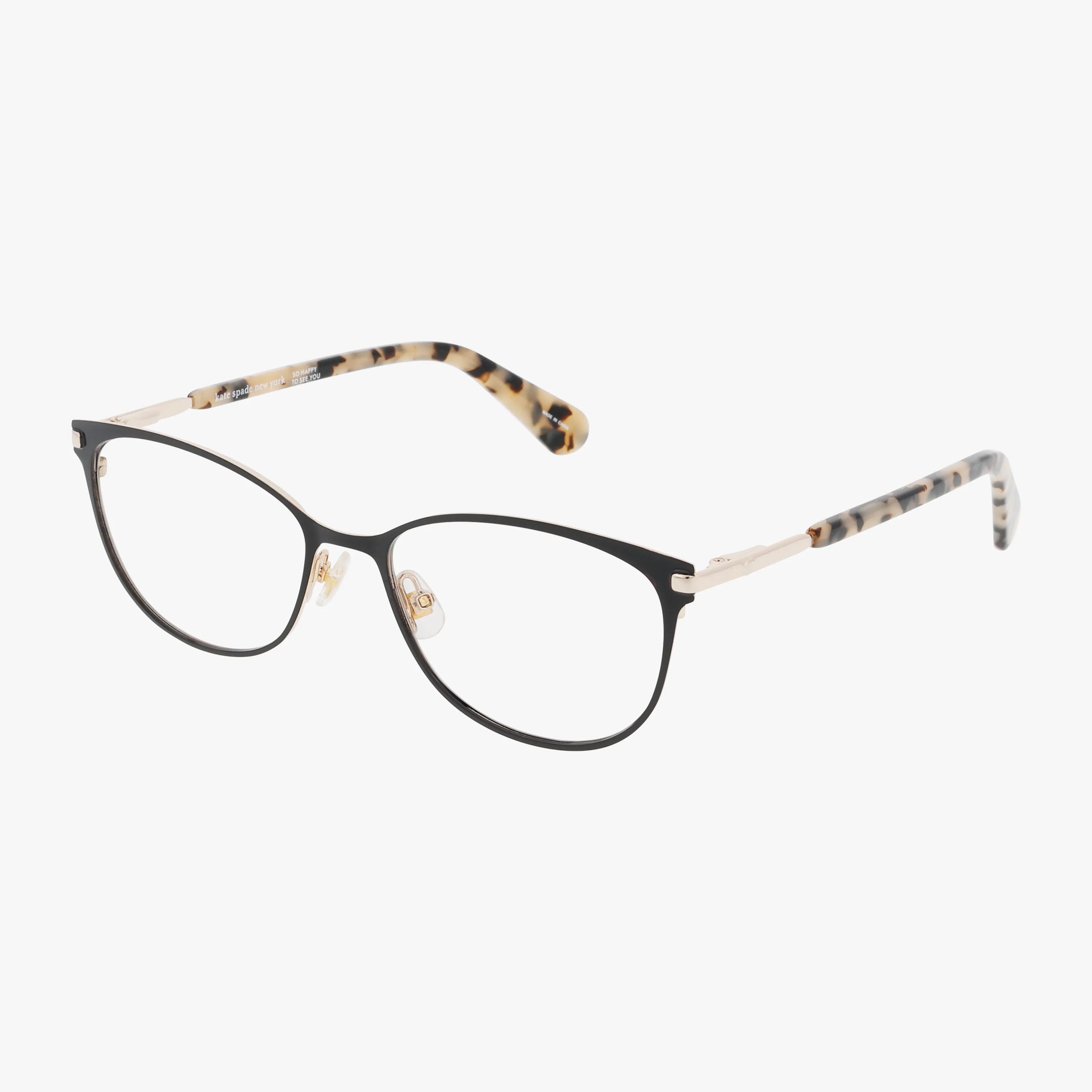 The JABRIA eyeglasses feature thin black frames and oval lenses, with gold accents on the arms and tortoiseshell-patterned temple tips for a modern, tailored look, shown against a white background.