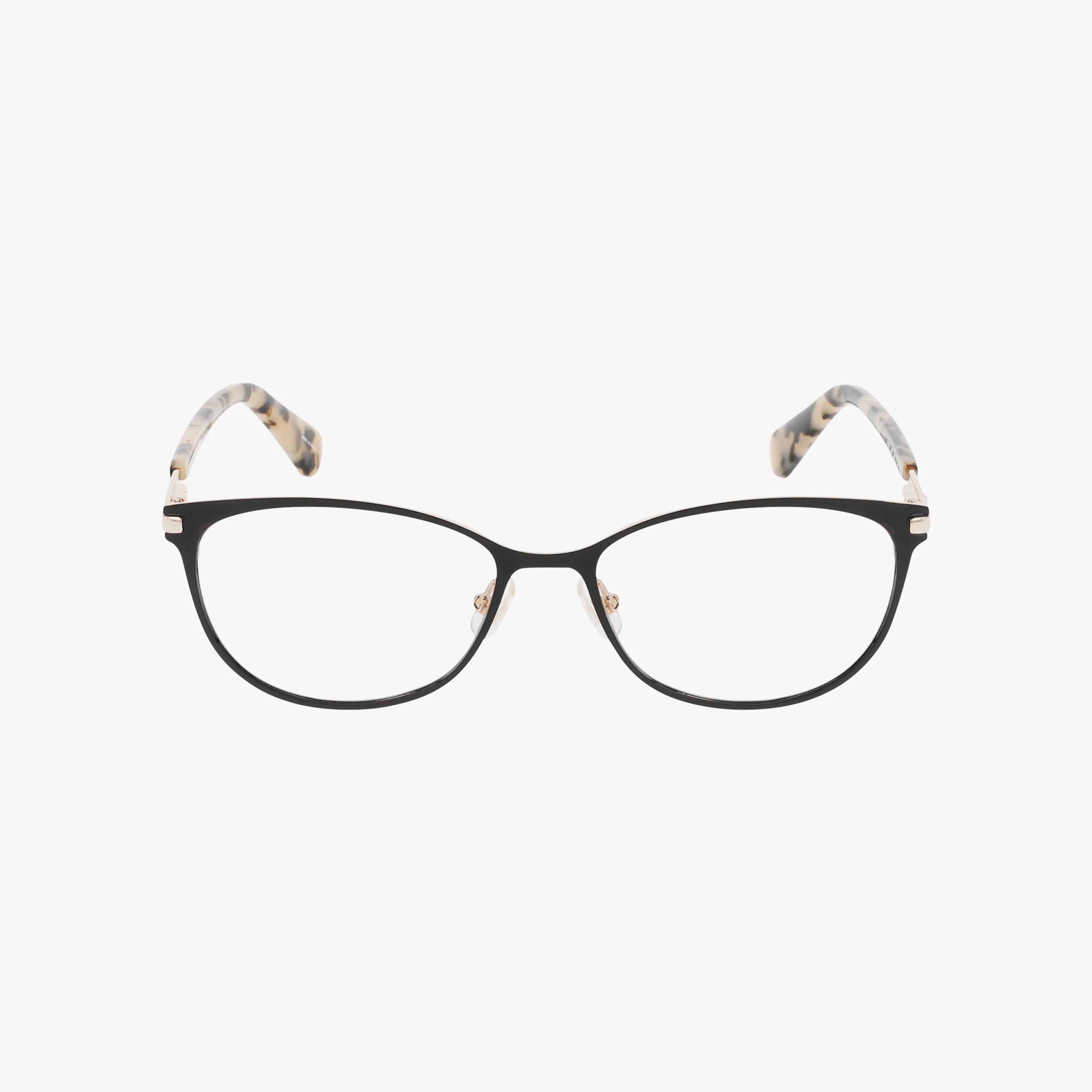 The JABRIA eyeglasses feature a tailored frame with thin black rims, clear lenses, and temples adorned with a marbled pattern in light and dark shades. The curved ends and plain white background emphasize their modern style.