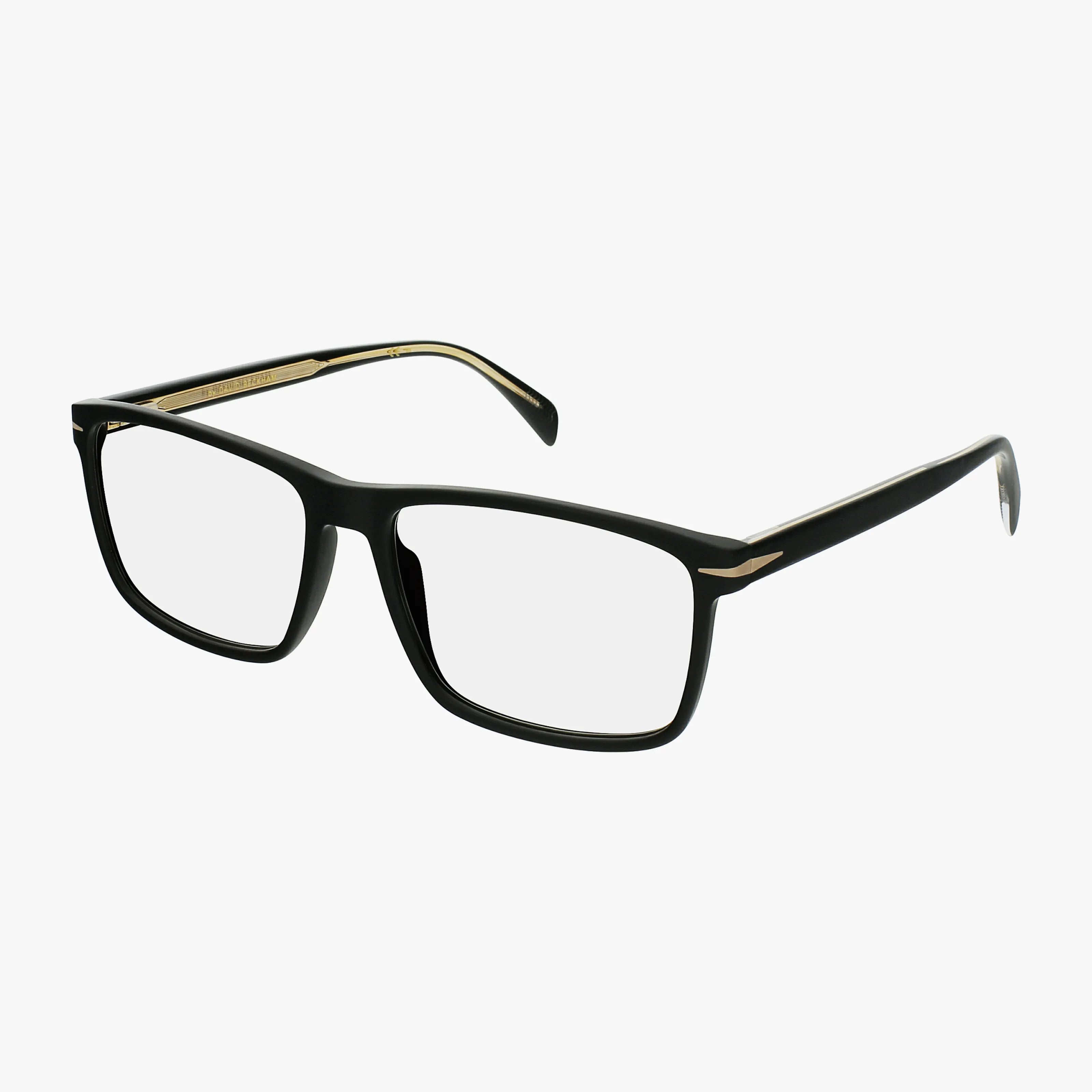 The DB 1020 is a pair of black rectangular eyeglasses with clear progressive lenses, slim arms, and subtle metallic accents by the hinges, shown on a white background.