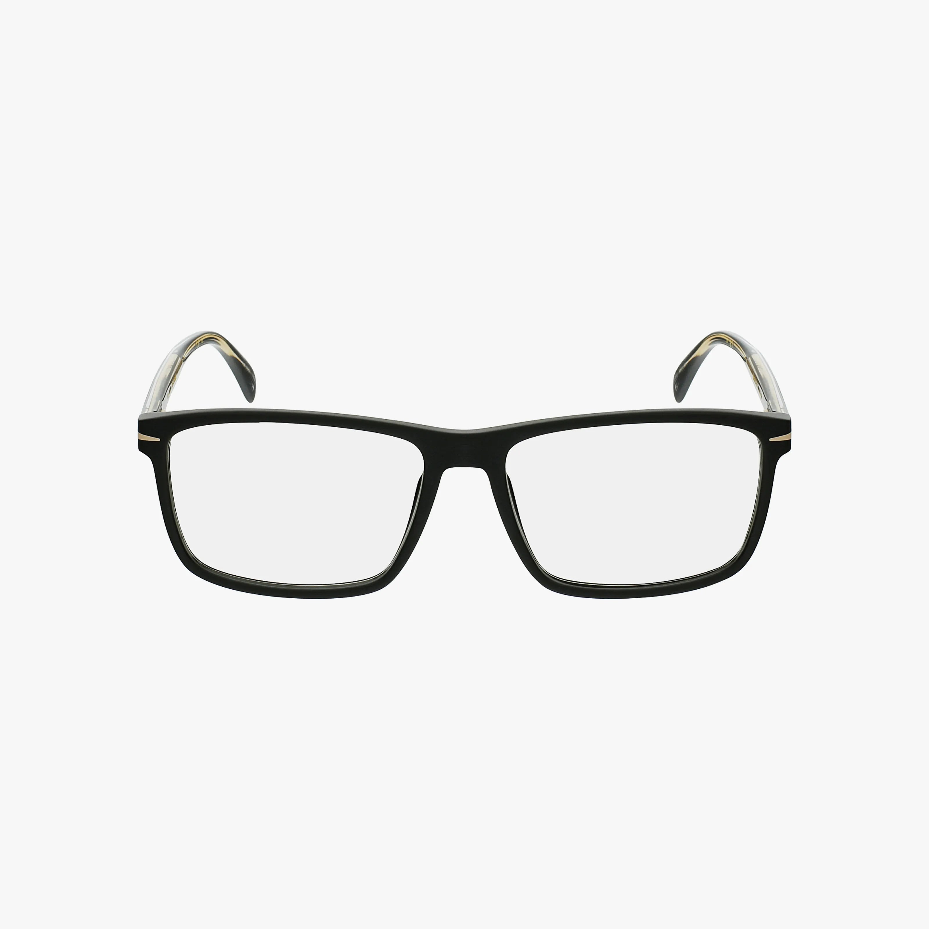 The DB 1020 is a pair of black rectangular eyeglasses with progressive lenses and clear temples featuring silver accents near the hinges, shown on a white background.