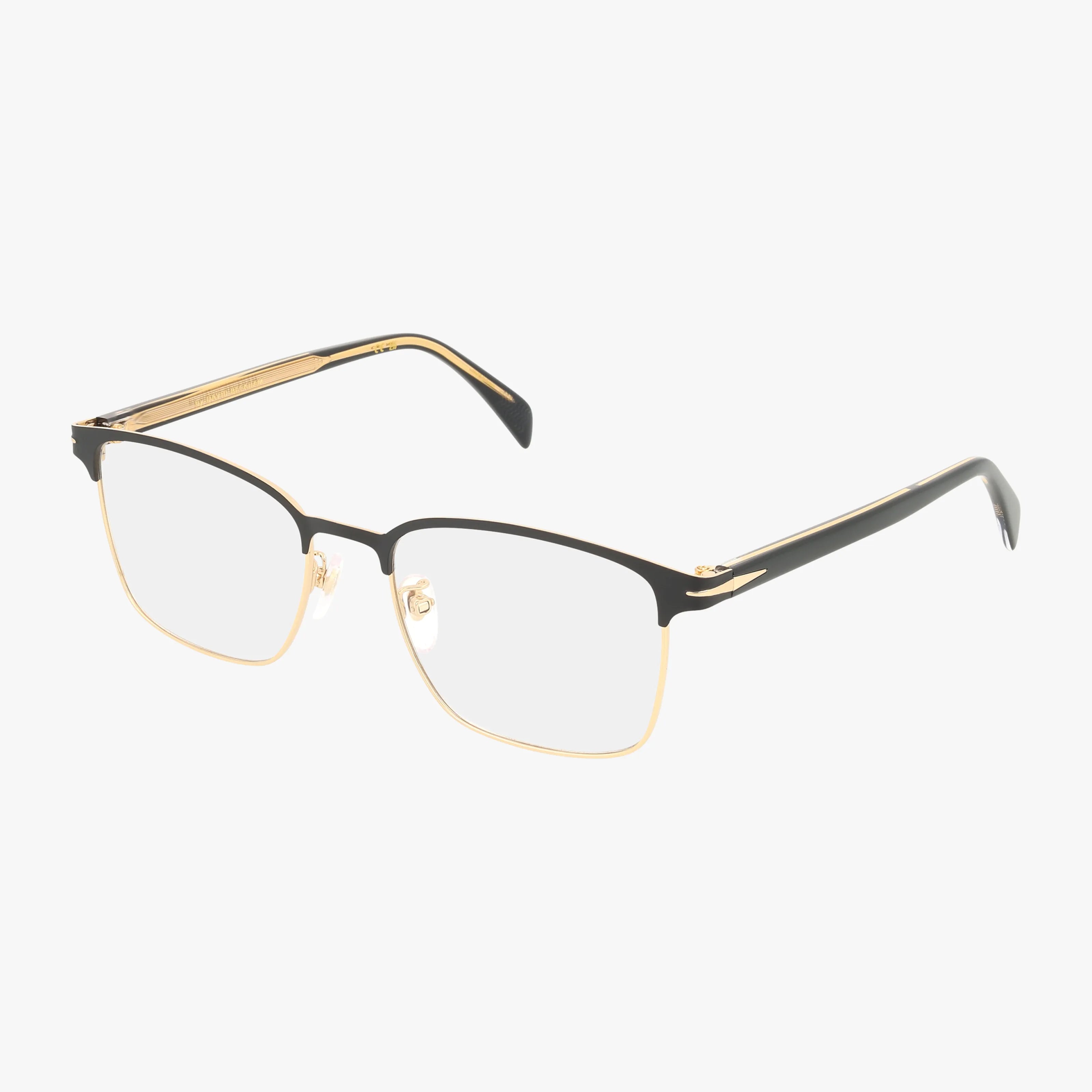 The DB 1059/F rectangular eyeglasses feature black and gold frames, clear lenses, and adjustable nose pads, creating a modern look. Displayed on a white background.
