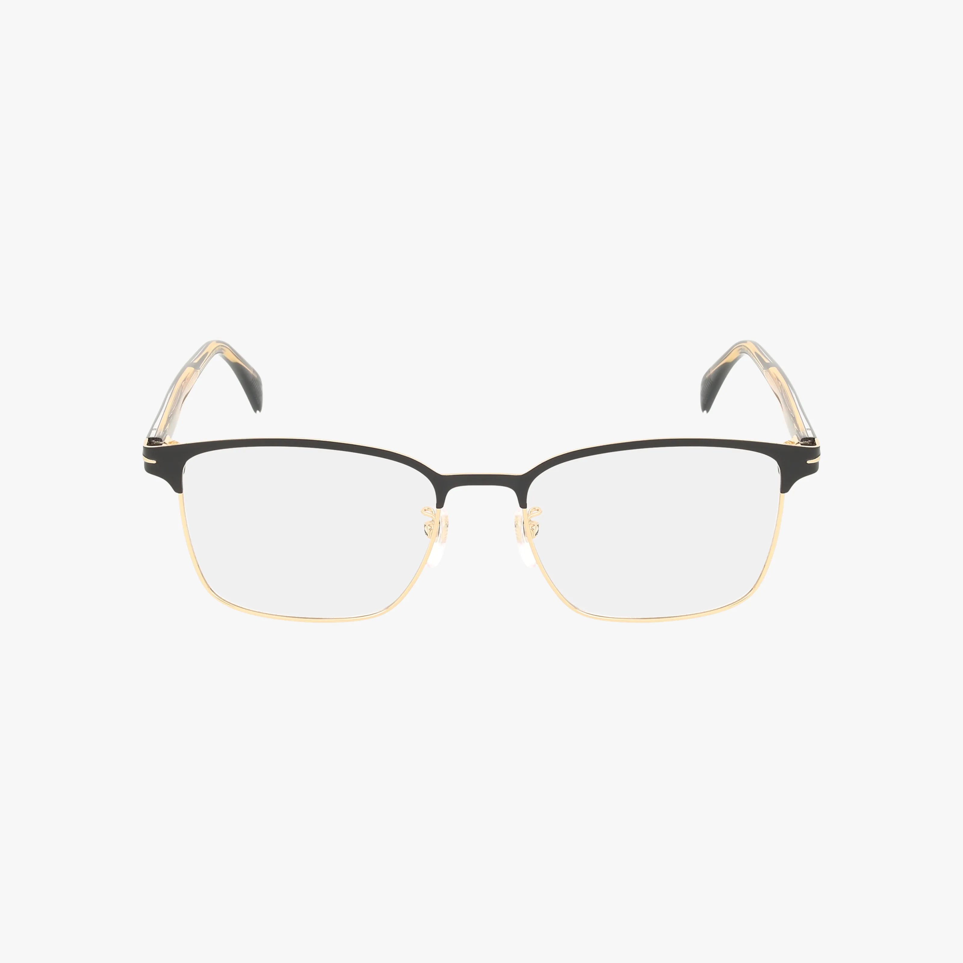 The DB 1059/F features rectangular eyeglasses with black upper frames, gold lower rims, clear nose pads, and transparent temples, offering a modern eyewear option displayed on a white background.