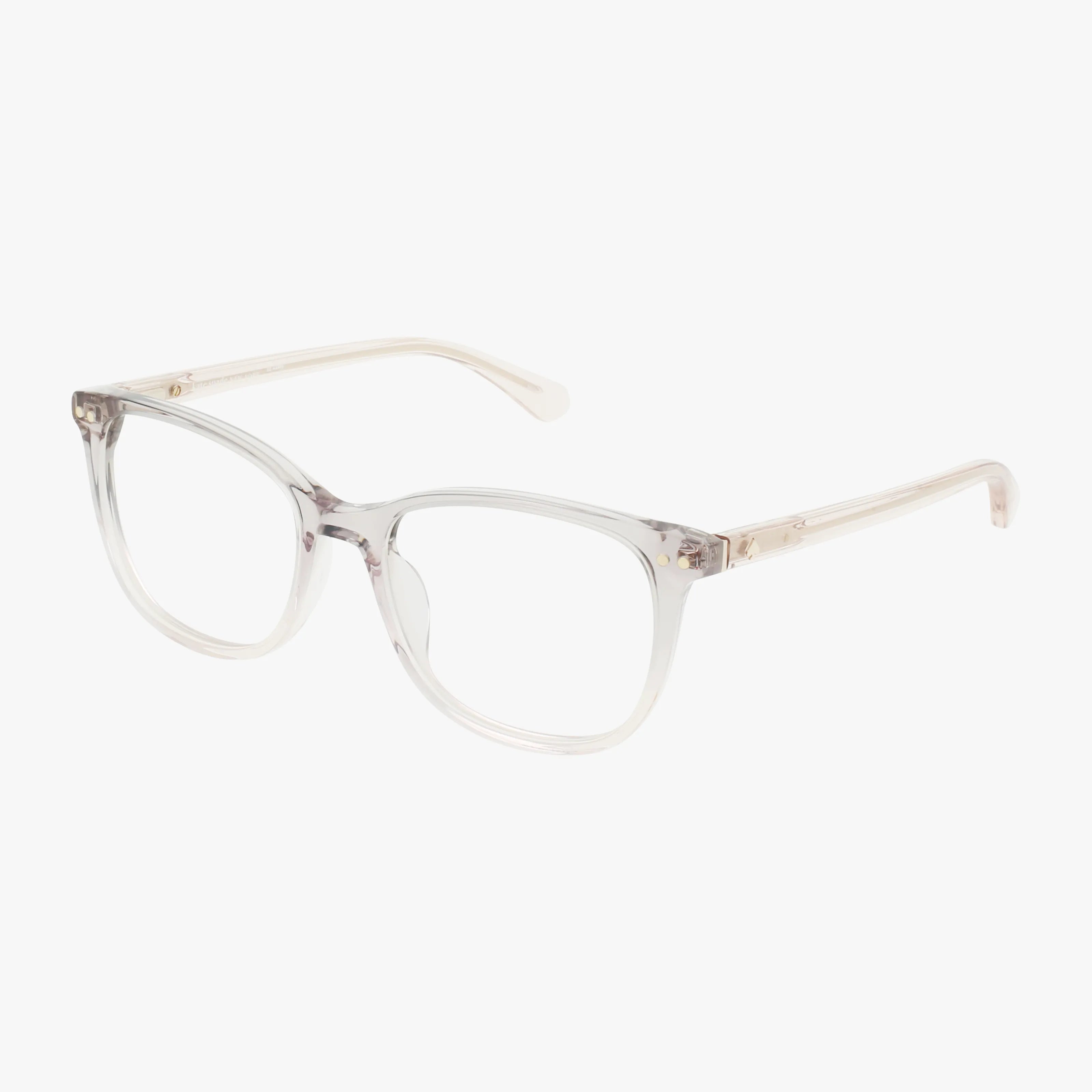 JOLIET eyeglasses feature a stylish, transparent, slightly pink-tinted plastic frame with rounded rectangular lenses, displayed at an angle against a white background.