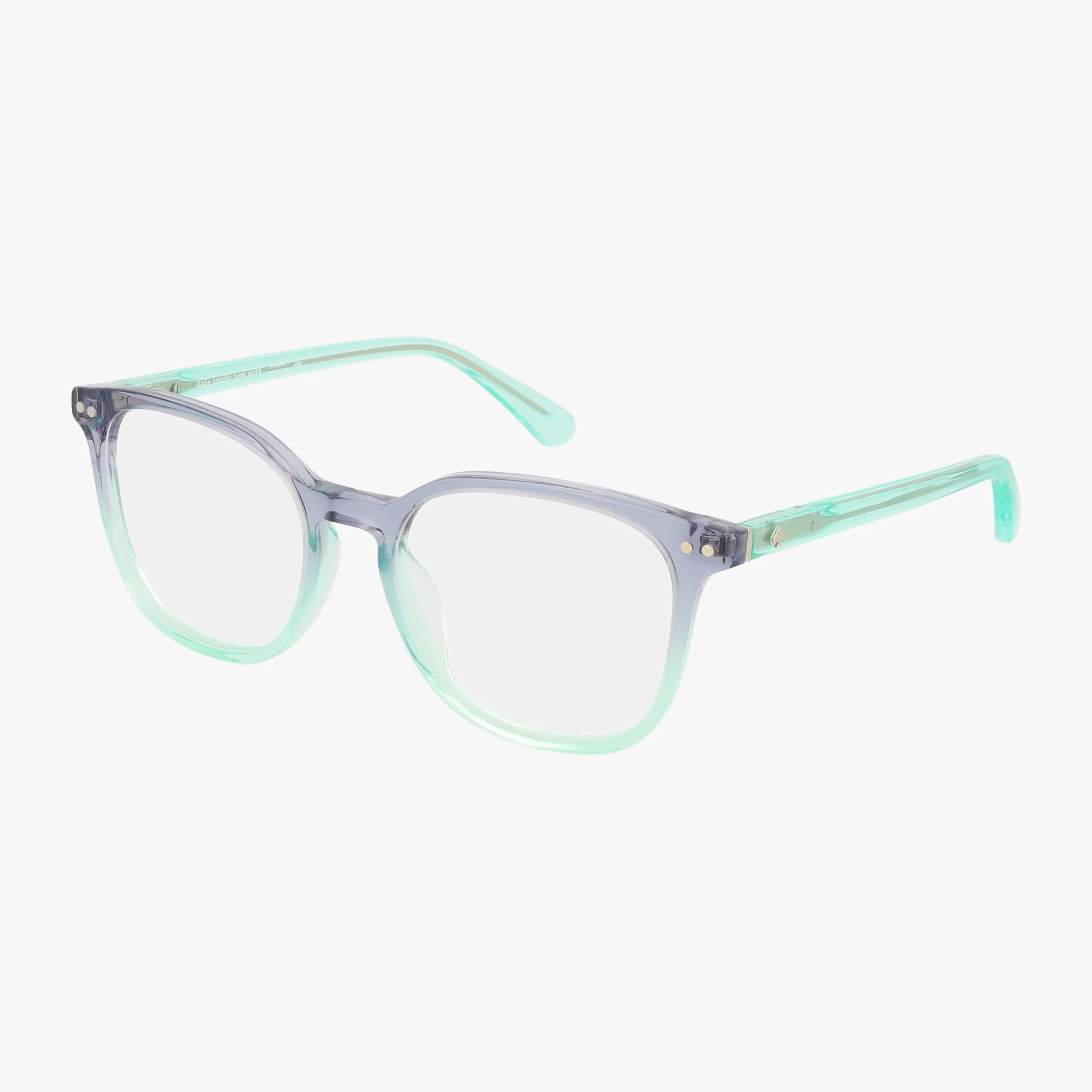 The HERMIONE/G eyeglasses feature clear lenses and a sophisticated frame made from translucent material, fading from light purple at the top to light green at the bottom, shown against a white background.