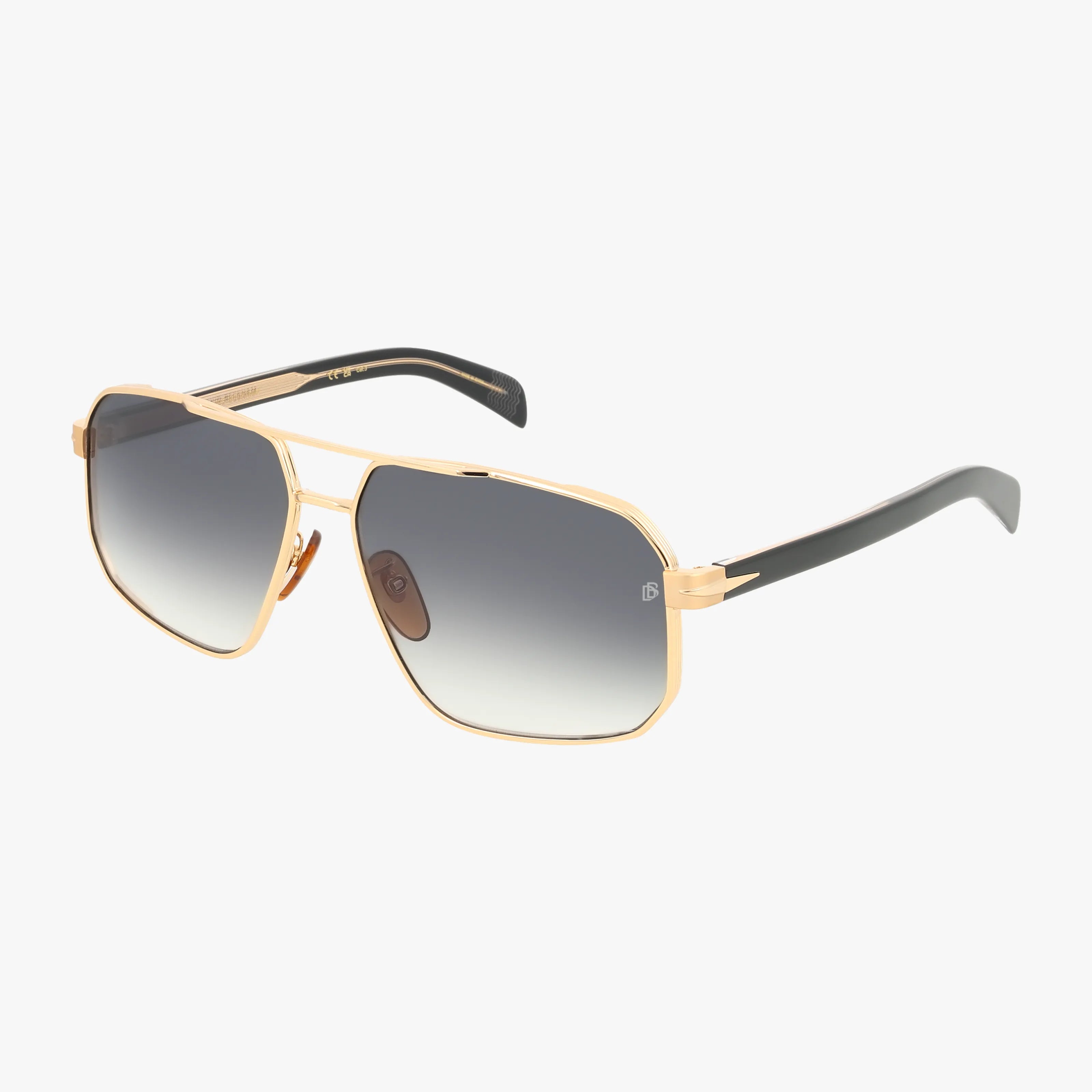 DB 7102/S sunglasses feature gold frames, a squared aviator shape, black arms, and gradient gray lenses—ideal for outdoor adventures. Shop these stylish glasses online, shown on a crisp white background.