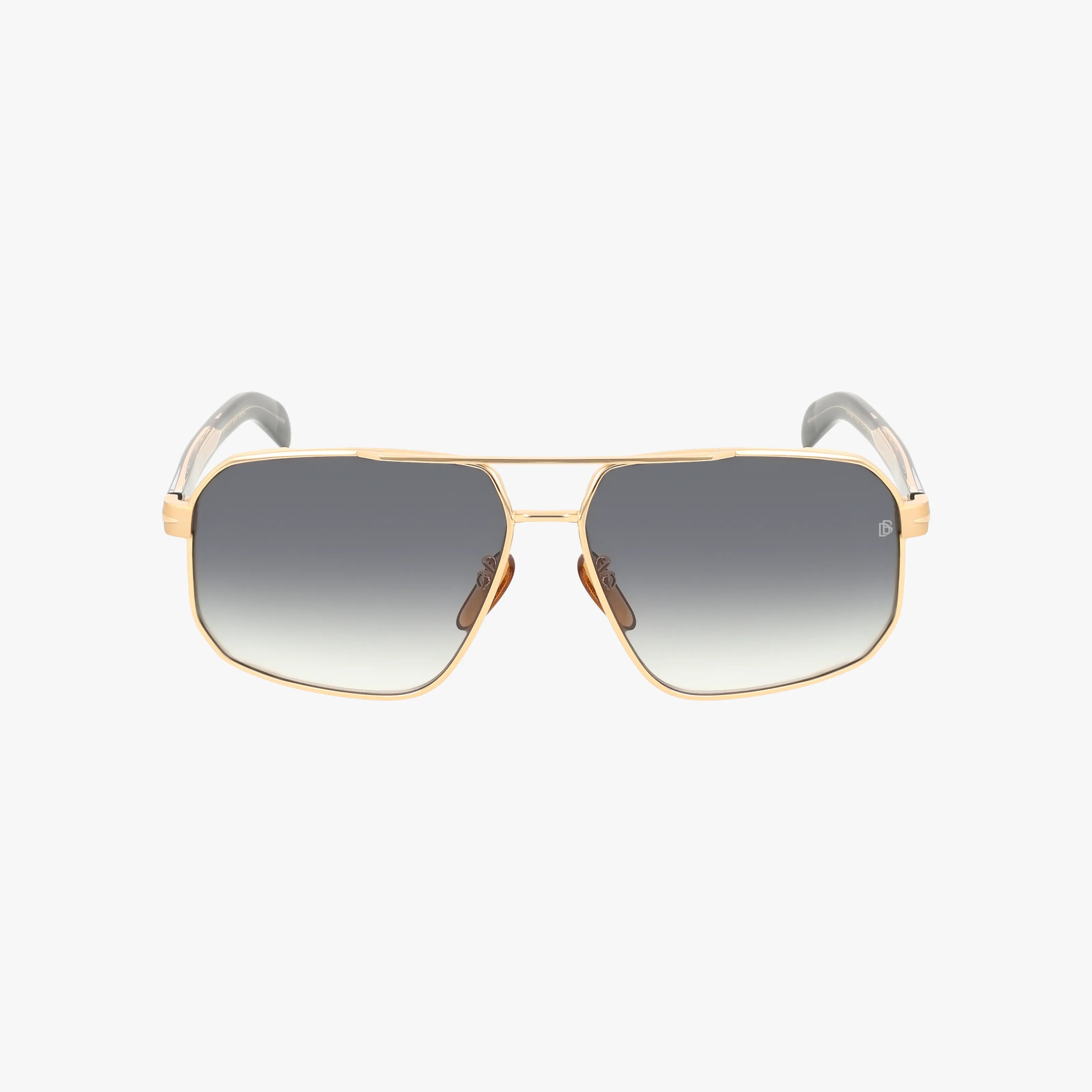 DB 7102/S sunglasses feature gold metal frames, double bridges, and rectangular gradient lenses that shift from dark gray to clear—ideal for outdoor adventures and shown here on a white background.
