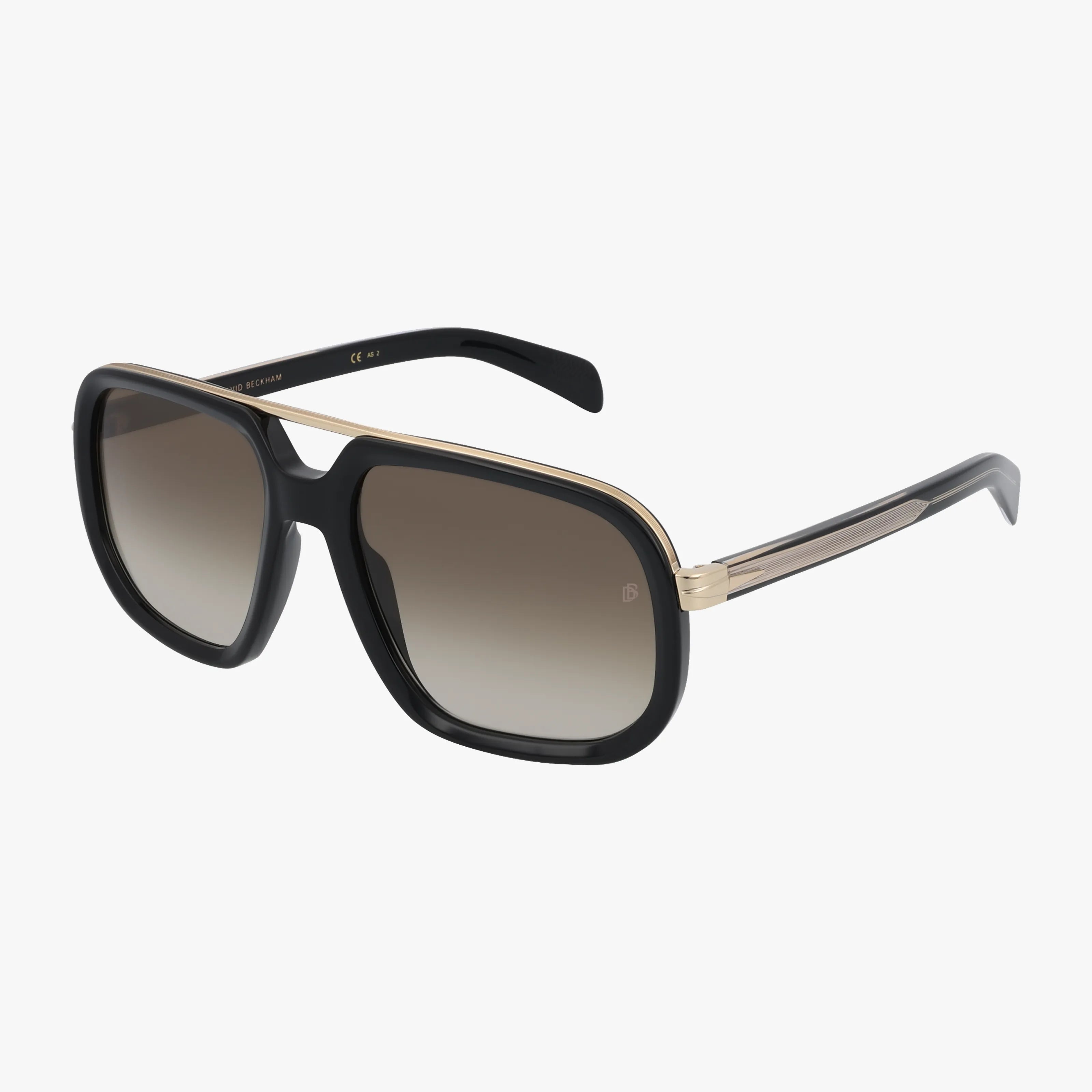 The DB 7101/S features black oversized square frames with brown gradient lenses and gold accents on the temples, exuding a refined European-inspired aesthetic, shown against a white background.