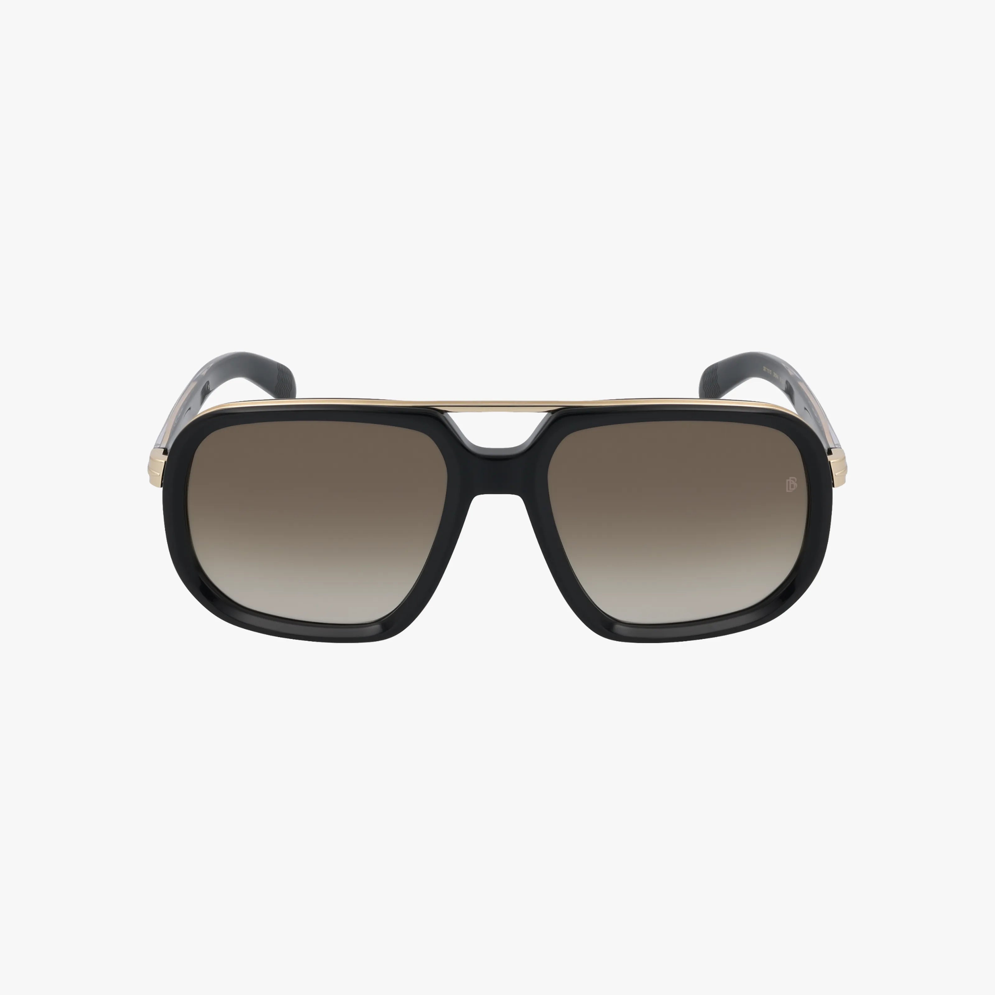 Front view of DB 7101/S black square aviator sunglasses with gold trim and brown gradient lenses, highlighting their ultramodern, high-end look on a white background.