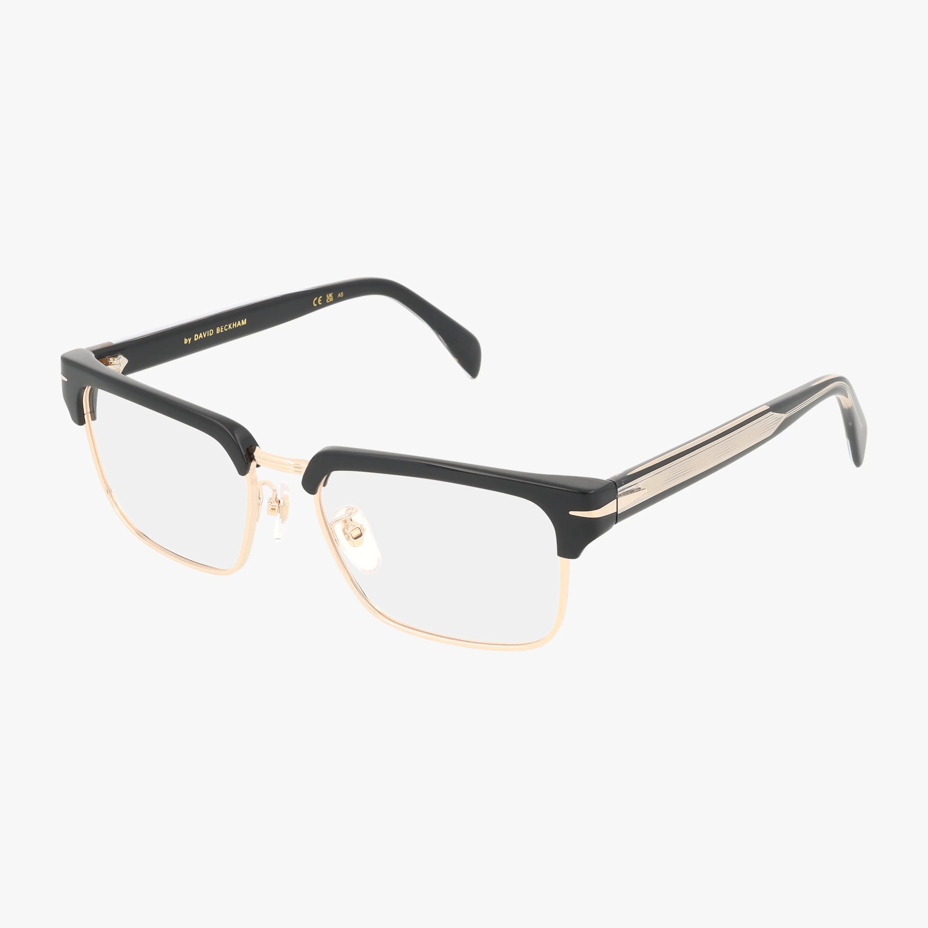 The DB 7112 features rectangular eyeglasses with a polished frame—black upper rims, gold lower rims and temples—for style and durability. They come with clear lenses, adjustable nose pads, and are shown on a white background.