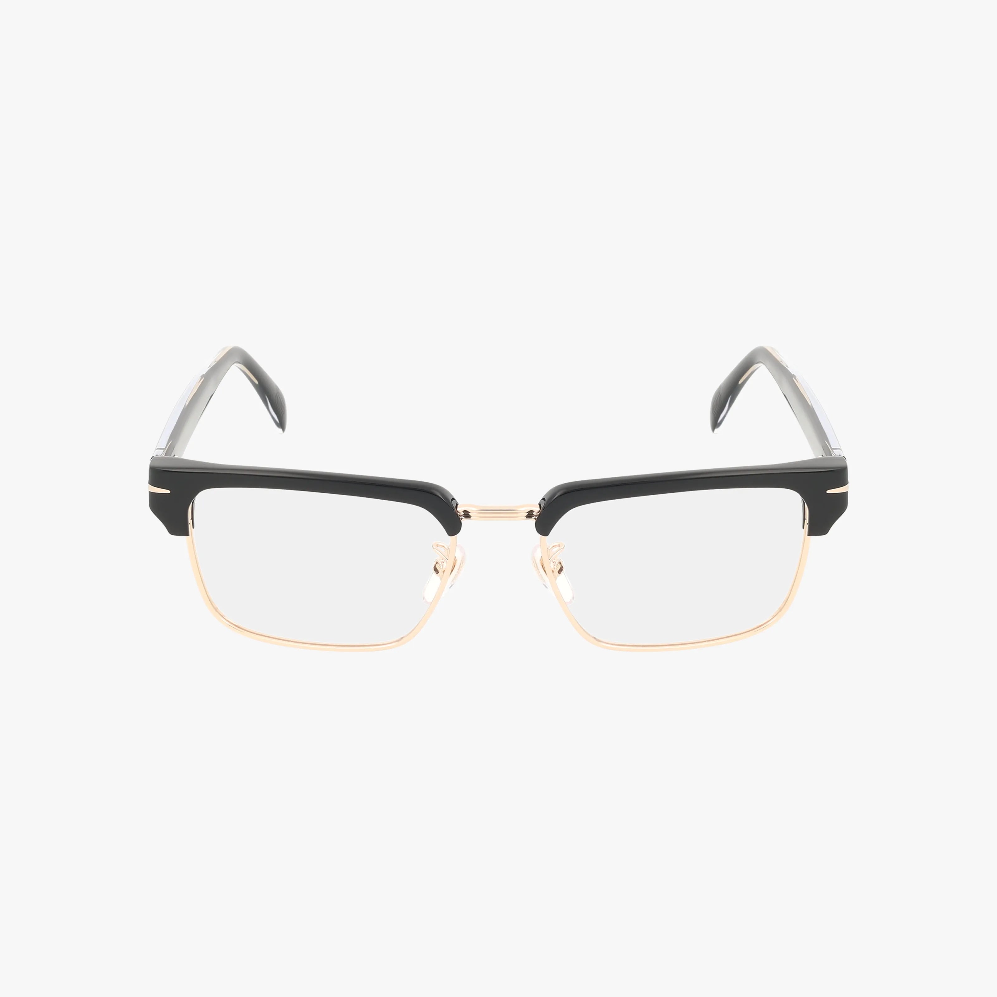 The DB 7112 eyeglasses feature a polished frame with black upper rims and gold lower rims and temples, blending style and durability when seen from the front against a plain white background.