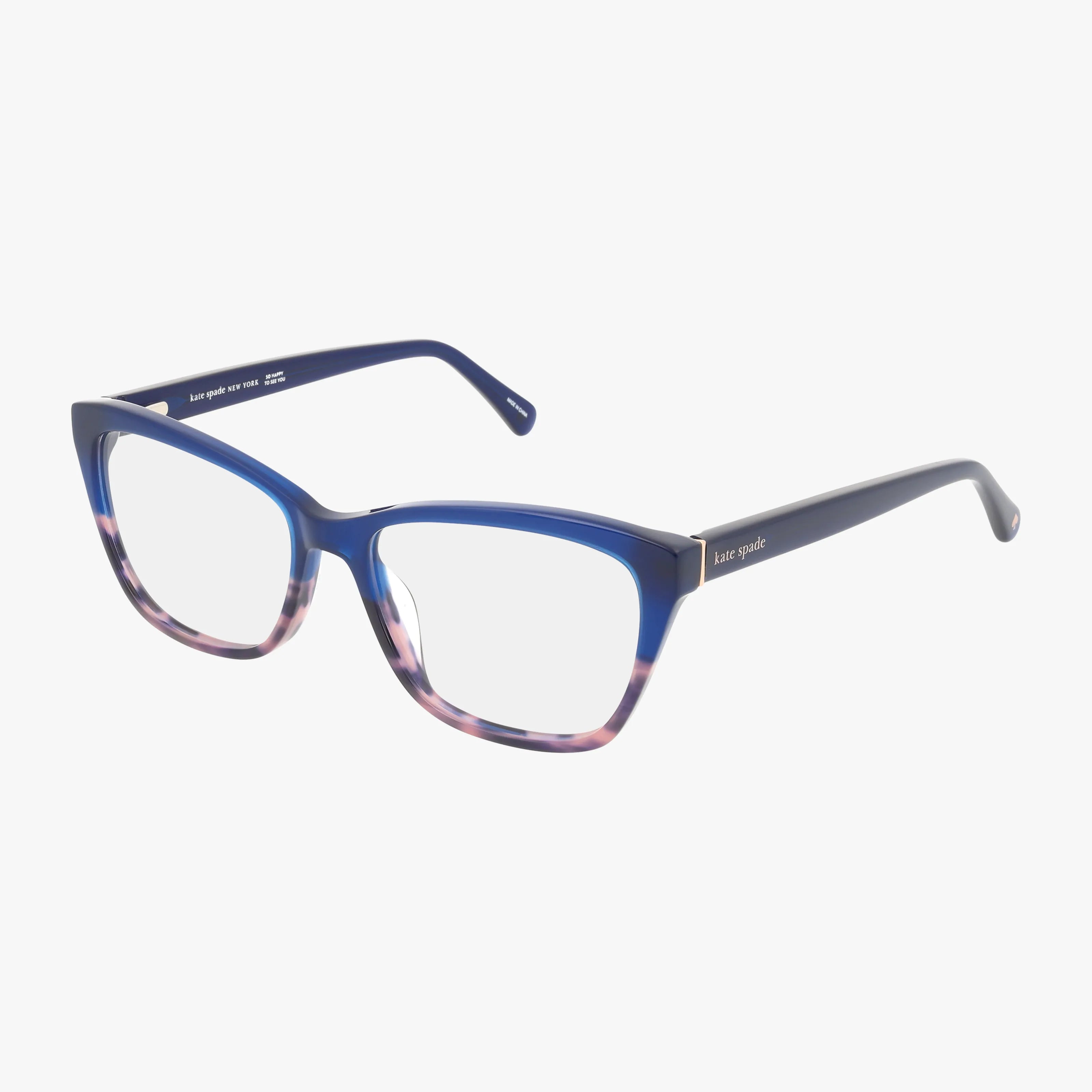 The Kate Spade CELESTINE eyeglasses feature a blue and pink tortoiseshell design with rectangular, slightly rounded lenses and a lightweight, luxurious frame, shown on a white background.