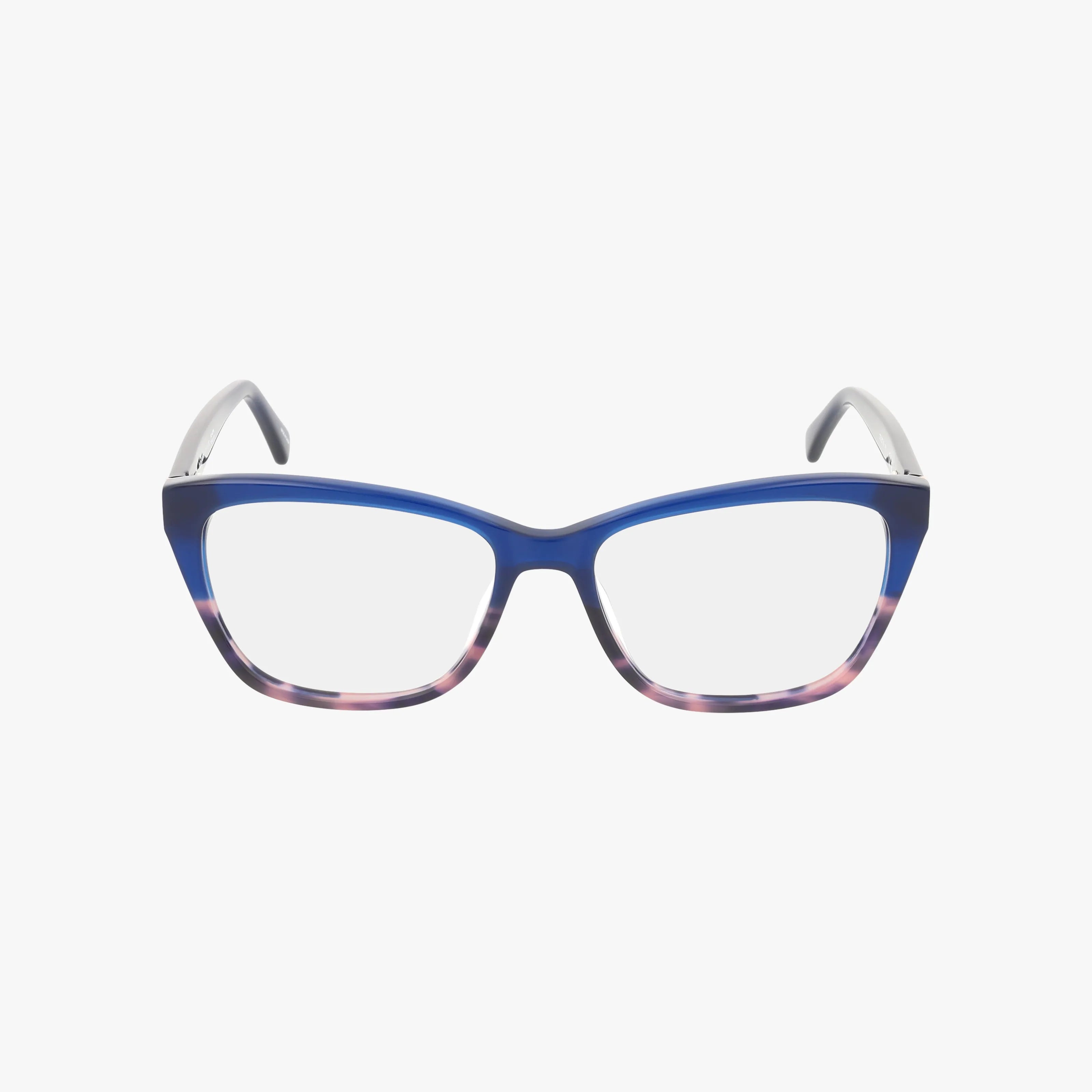 CELESTINE rectangular eyeglasses feature a luxurious frame with blue at the top, fading into a pink and purple pattern below, highlighting quality craftsmanship against a white background.