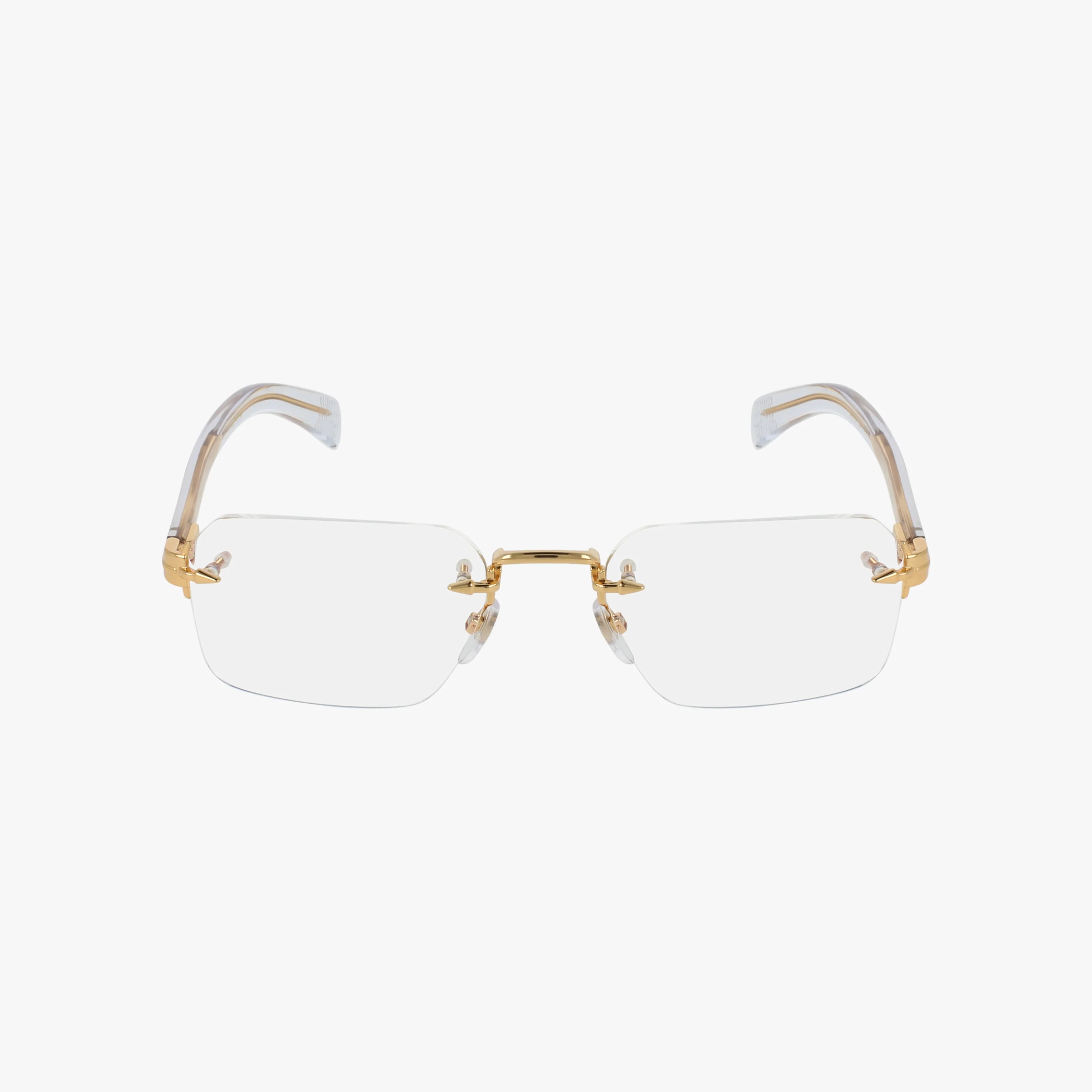 The DB 7116 features rimless eyeglasses with gold metal hinges and clear rectangular lenses. Lightweight, it has partially transparent temples with gold accents, reflecting quality craftsmanship. Displayed on a white background.