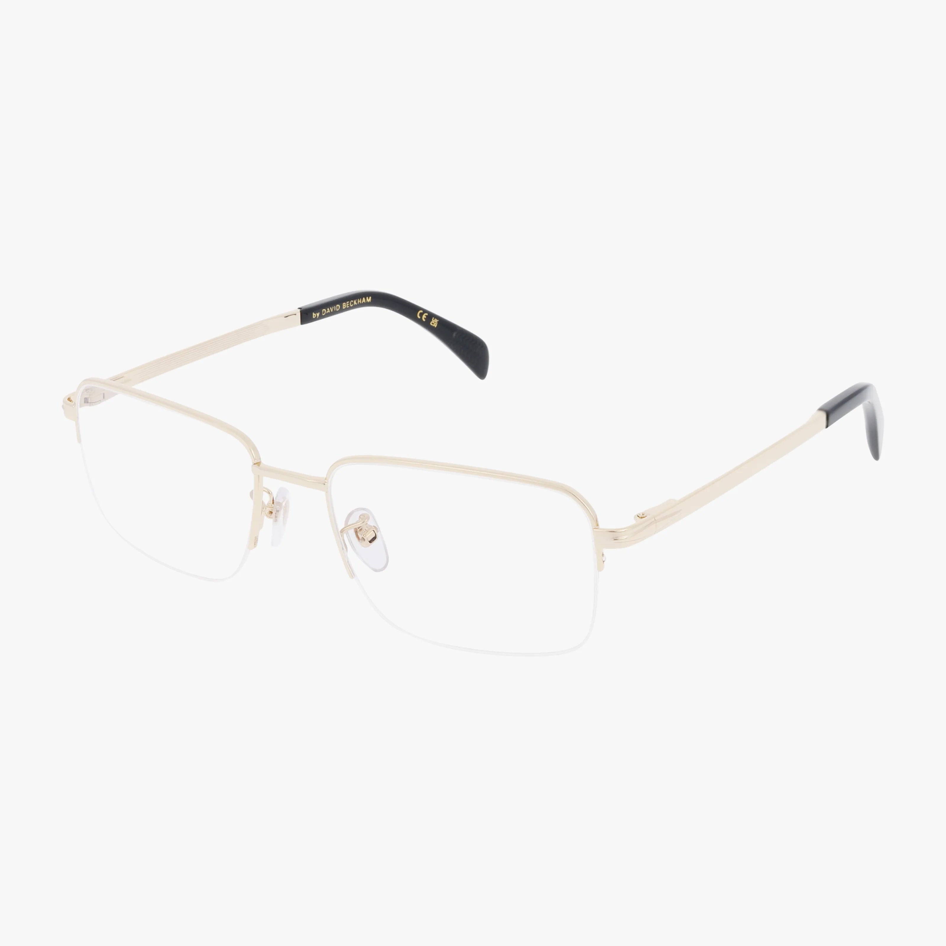 The DB 1150 features rectangular, rimless eyeglasses with thin gold metal frames and black plastic temple tips. These stylish and durable glasses are showcased against a white background.