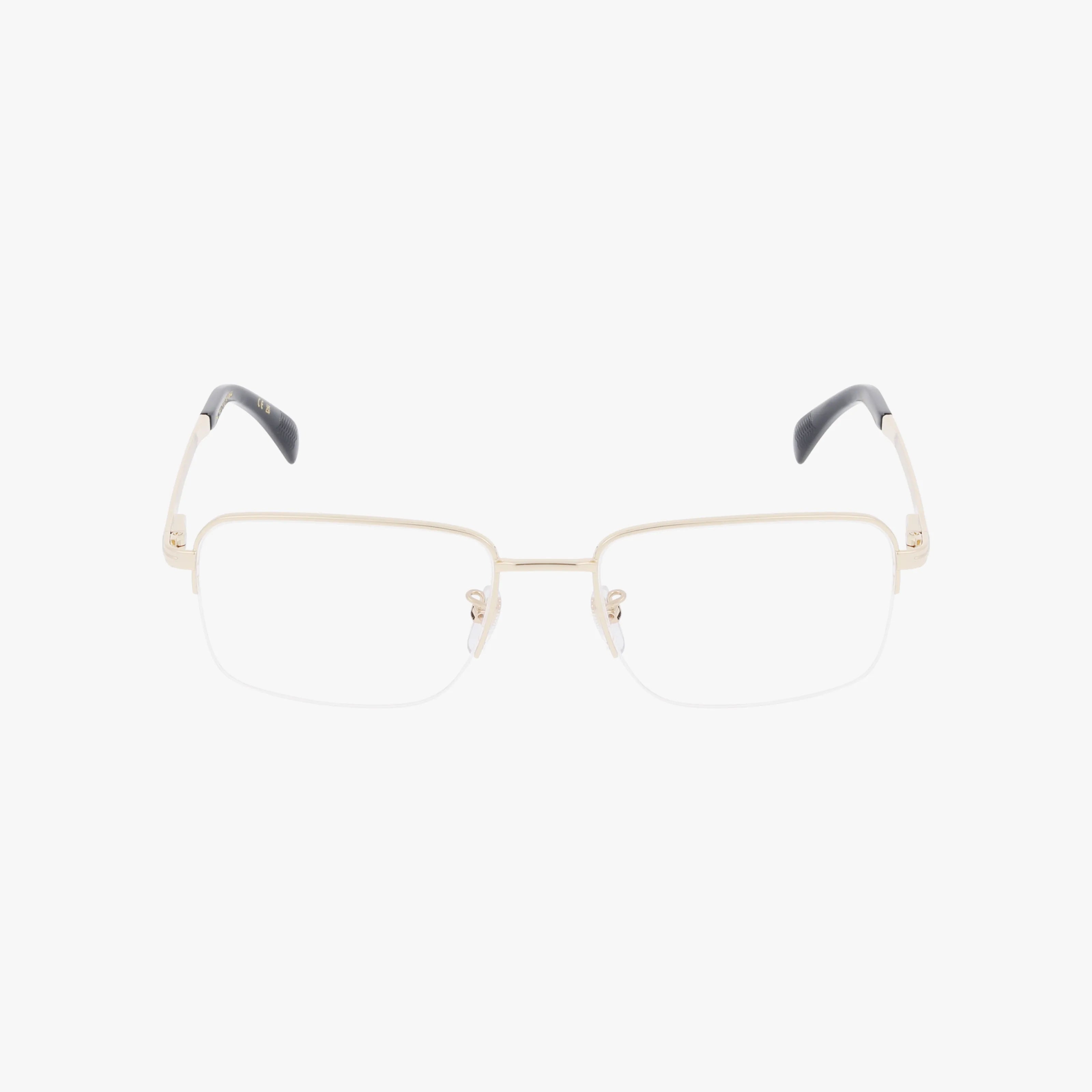 The DB 1150 features rectangular, semi-rimless eyeglasses with thin gold metal frames and black plastic tips, offering a stylish eyewear option displayed on a white background.
