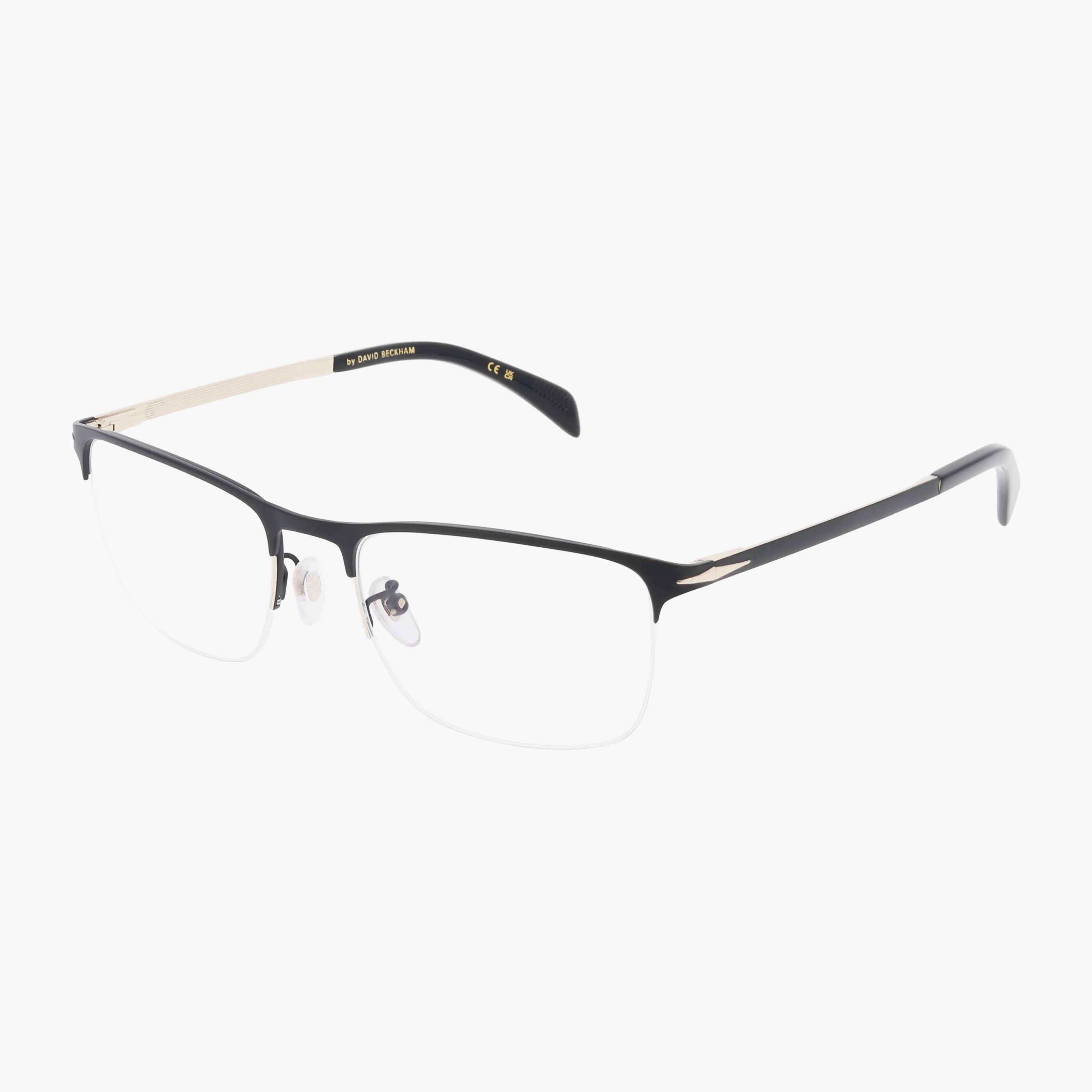 DB 1146 black semi-rimless eyeglasses feature a durable thin metal frame, clear nose pads, slender temples with gold accents near the hinges, and are shown on a white background.