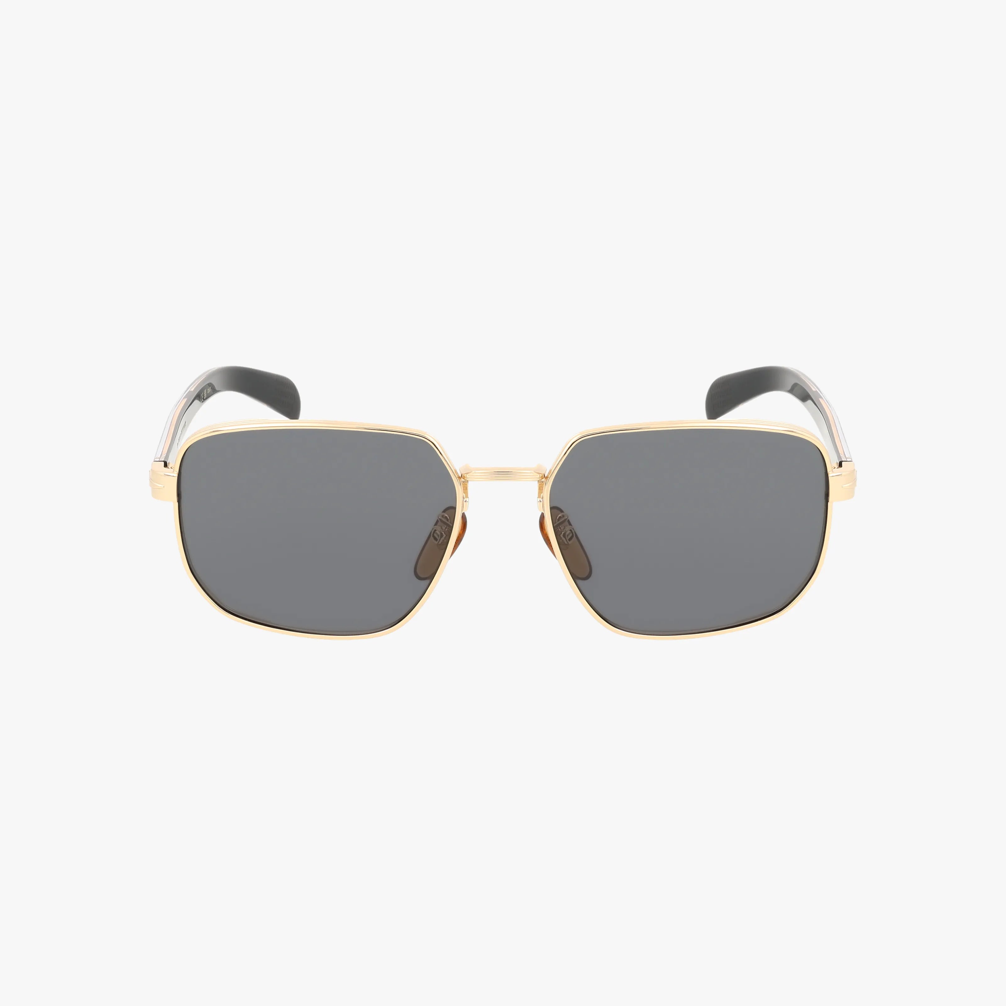 The DB 7121/G/S sunglasses feature a square-shaped, lightweight gold metal frame with dark lenses and black temple tips, presented on a plain white background for a timeless look.