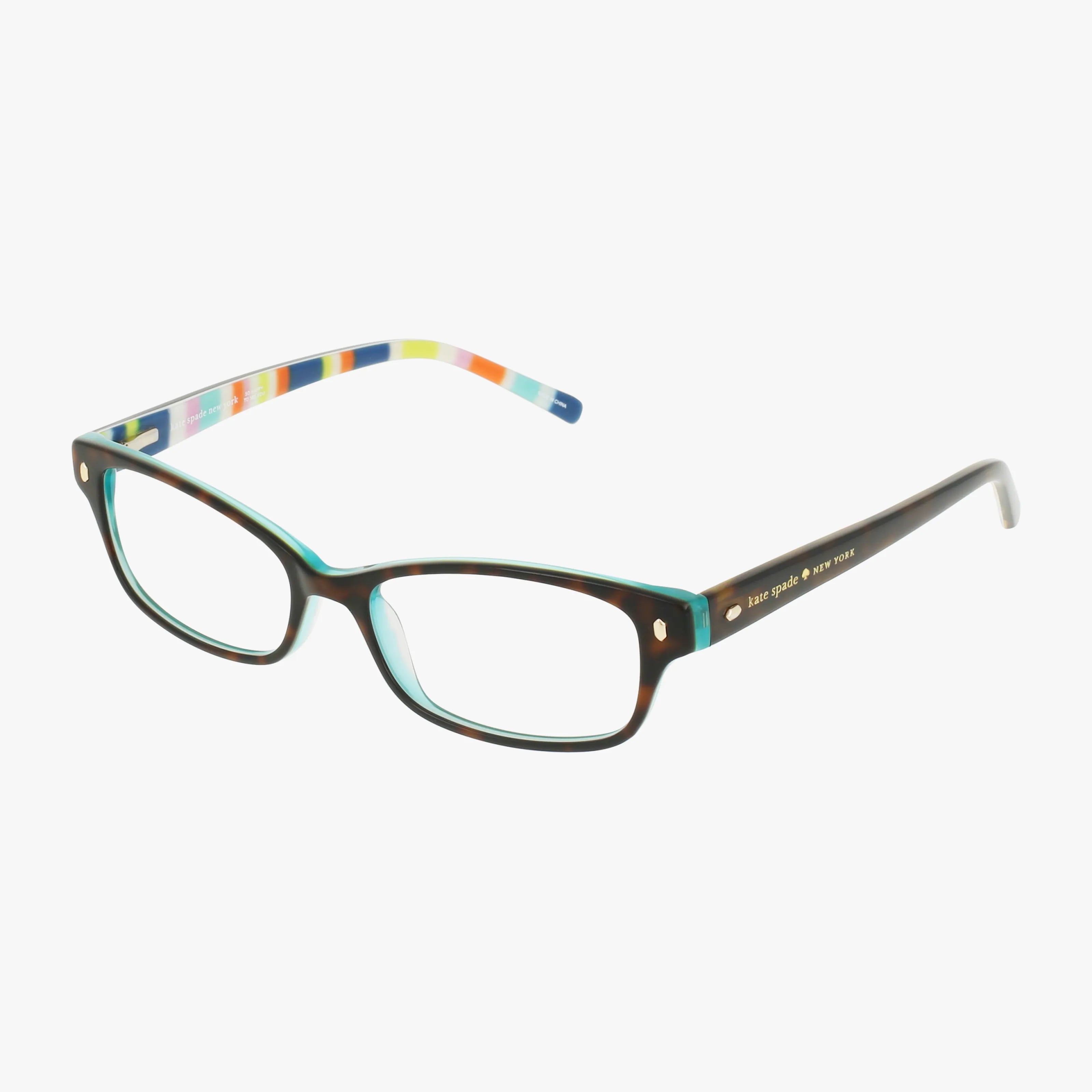 LUCYANN rectangular eyeglasses feature a sleek dark tortoiseshell frame, turquoise inner rims, and colorful striped temple interiors—bold eyewear for any occasion.