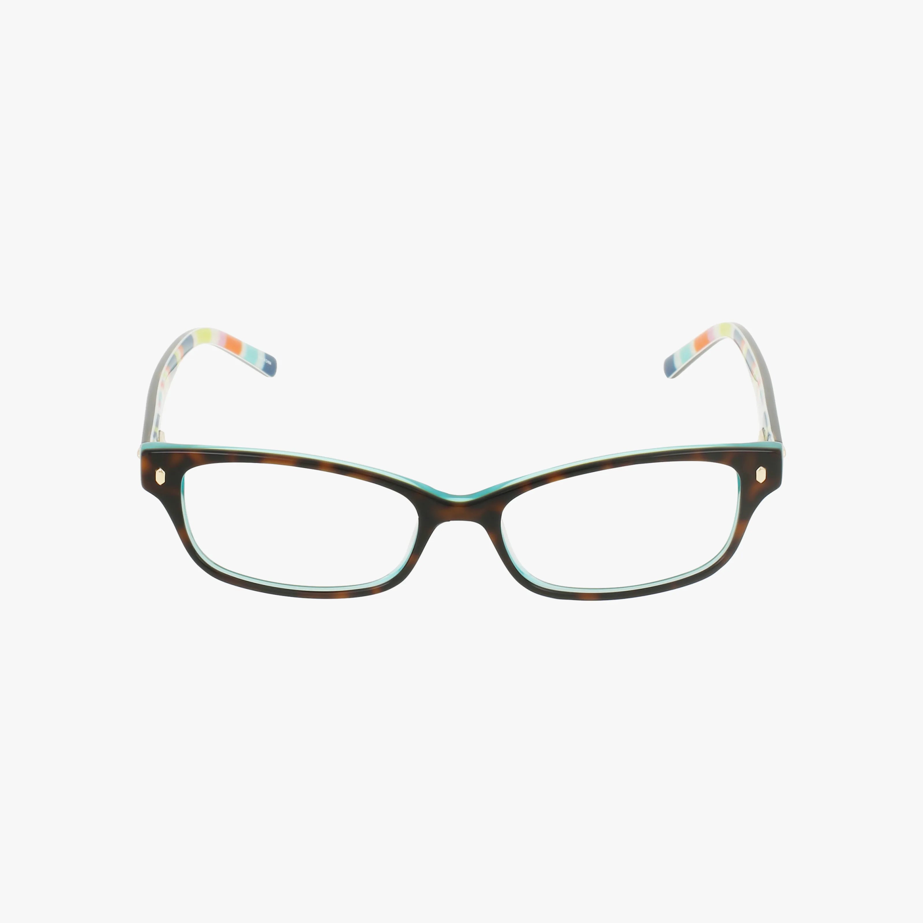 LUCYANN rectangular tortoiseshell eyeglasses with light blue accents and multicolored patterned arms feature a sleek frame, shown on a plain white background.
