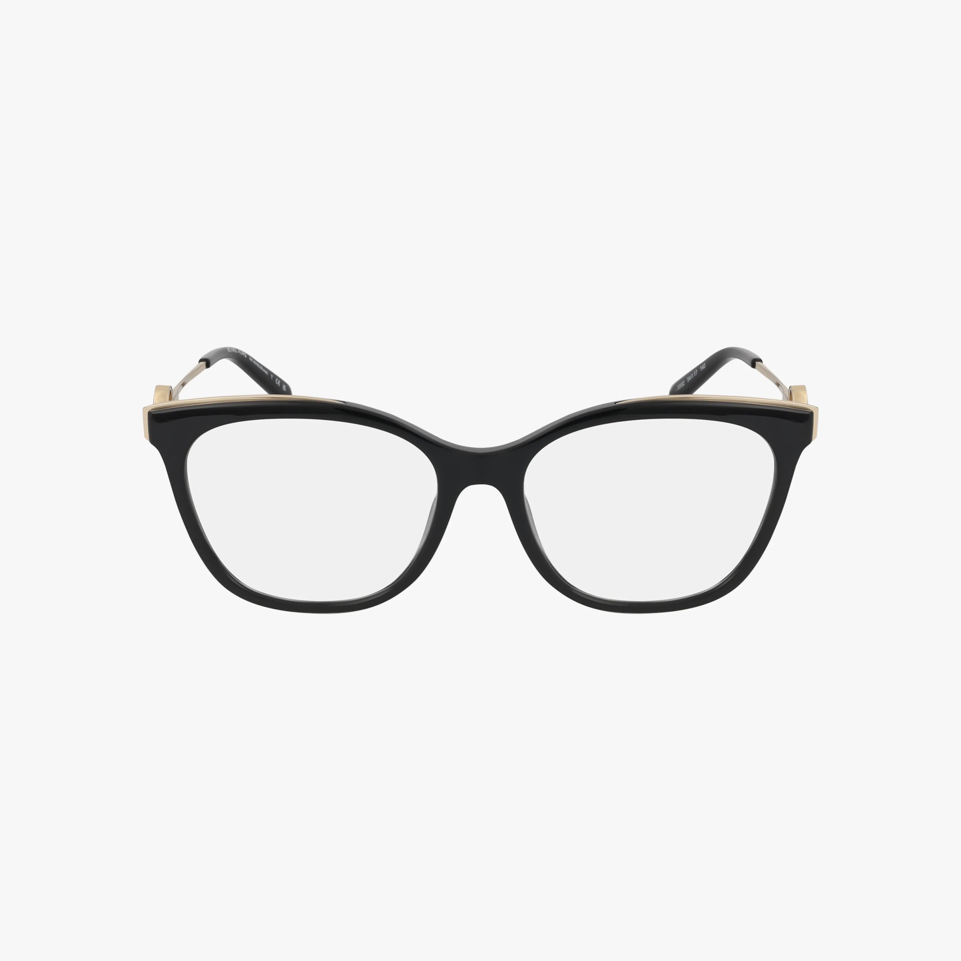 The MK4076U features black cat-eye frames with gold-accented hinges and blue light lenses, shown against a plain white background.