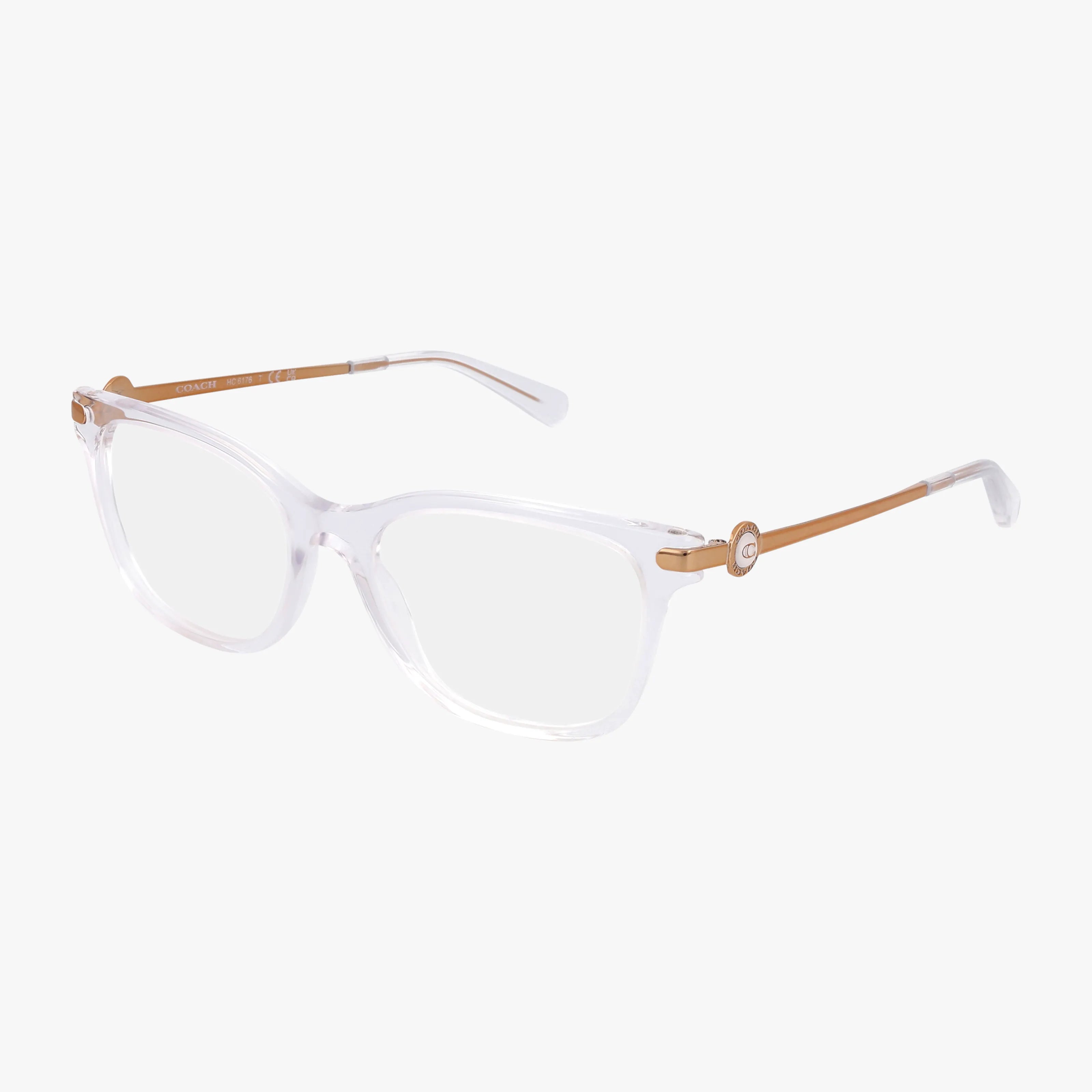 The HC6176 features clear rectangular lenses, a chic transparent plastic frame, and tan temples with a circular detail near the hinges. Displayed on a white background. Shop online for this stylish look.