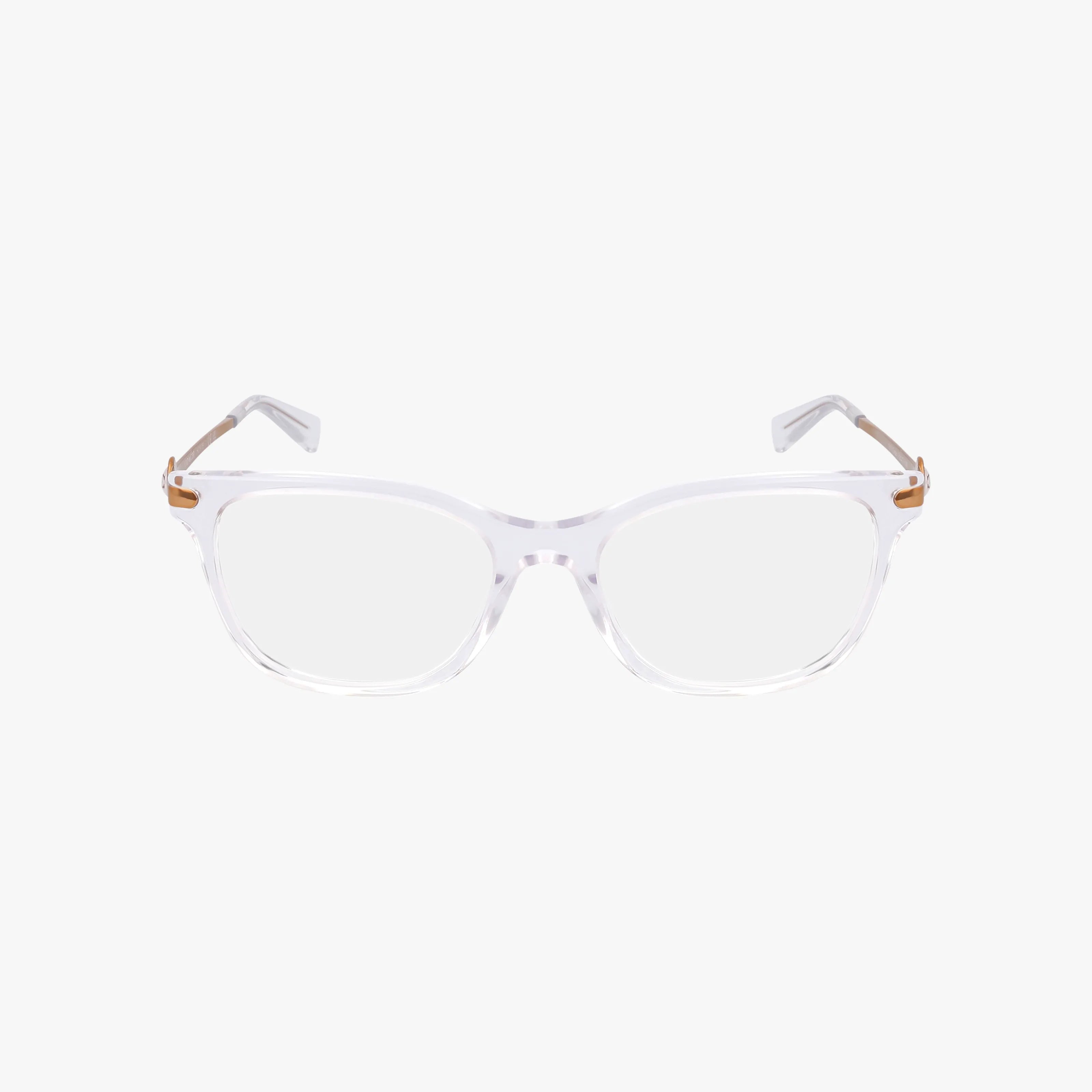 The HC6176 features clear, rectangular eyeglasses with a chic frame, transparent fronts, and gold accents on the temples, displayed against a plain white background.