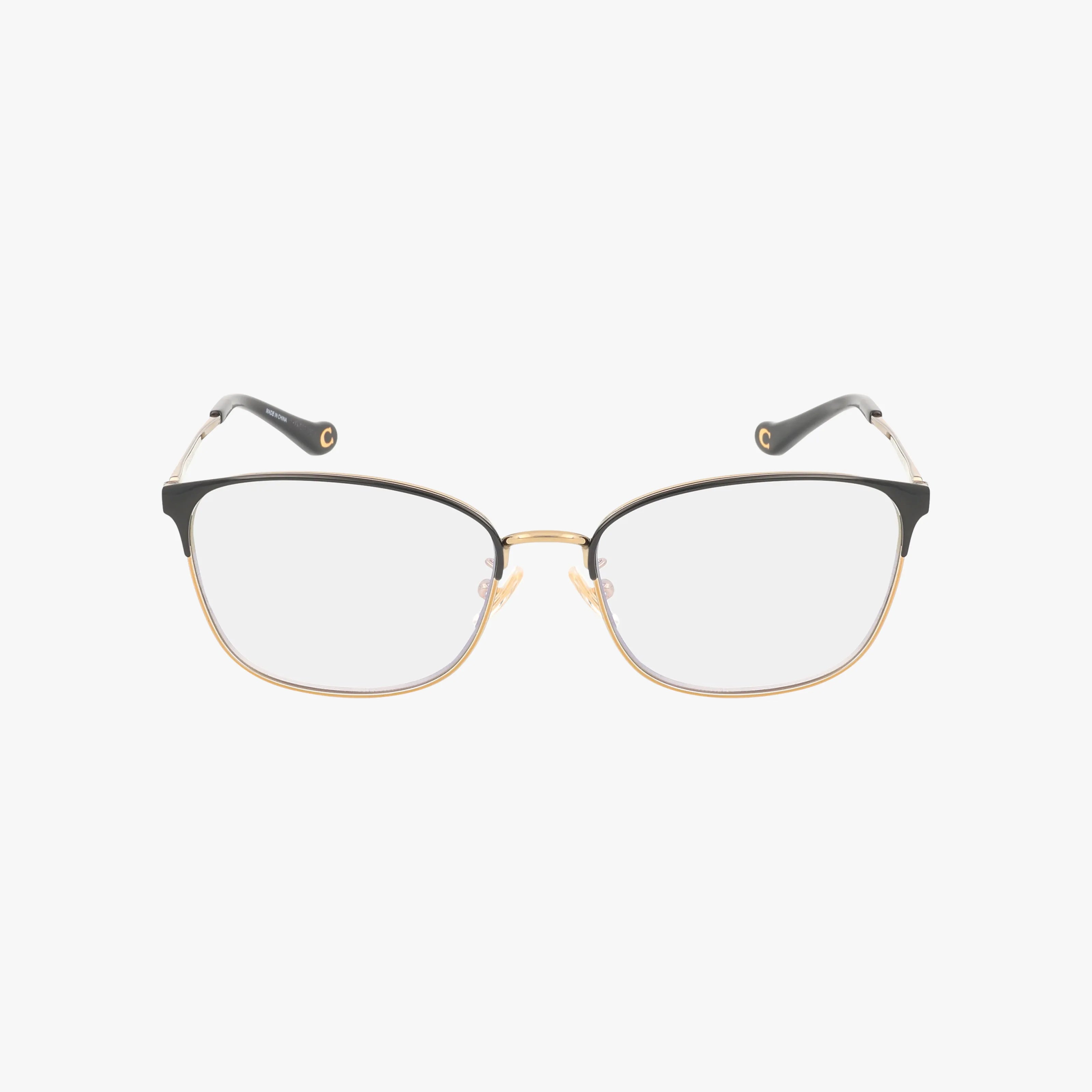 The HC5135 features rectangular eyeglasses with black upper rims, gold lower rims, and clear lenses in a lightweight frame—ideal for everyday wear. Displayed on a white background.