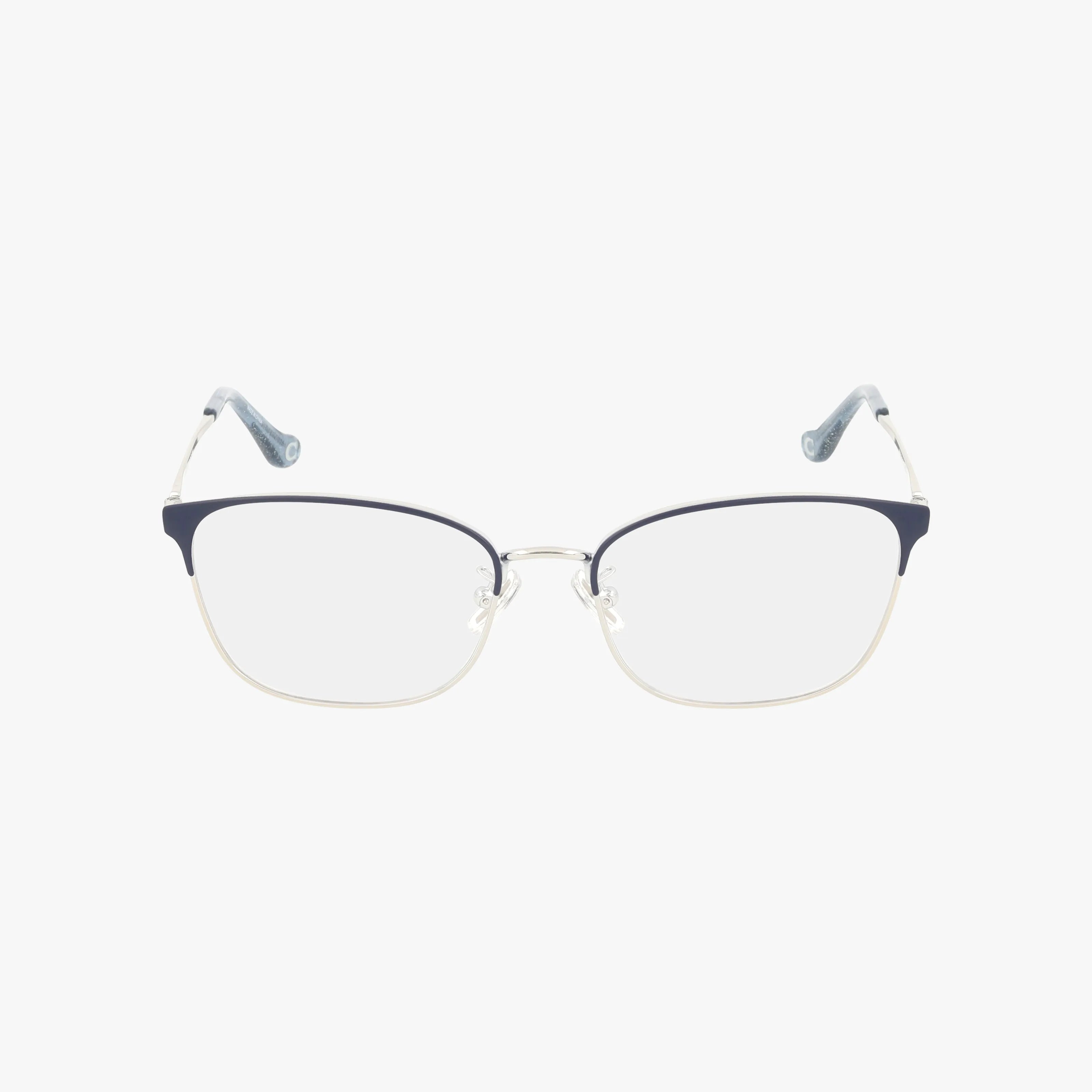 The HC5135 eyeglasses feature a thin silver contemporary frame with dark blue accents on the upper rims, designed for daily wear and shown against a plain white background.