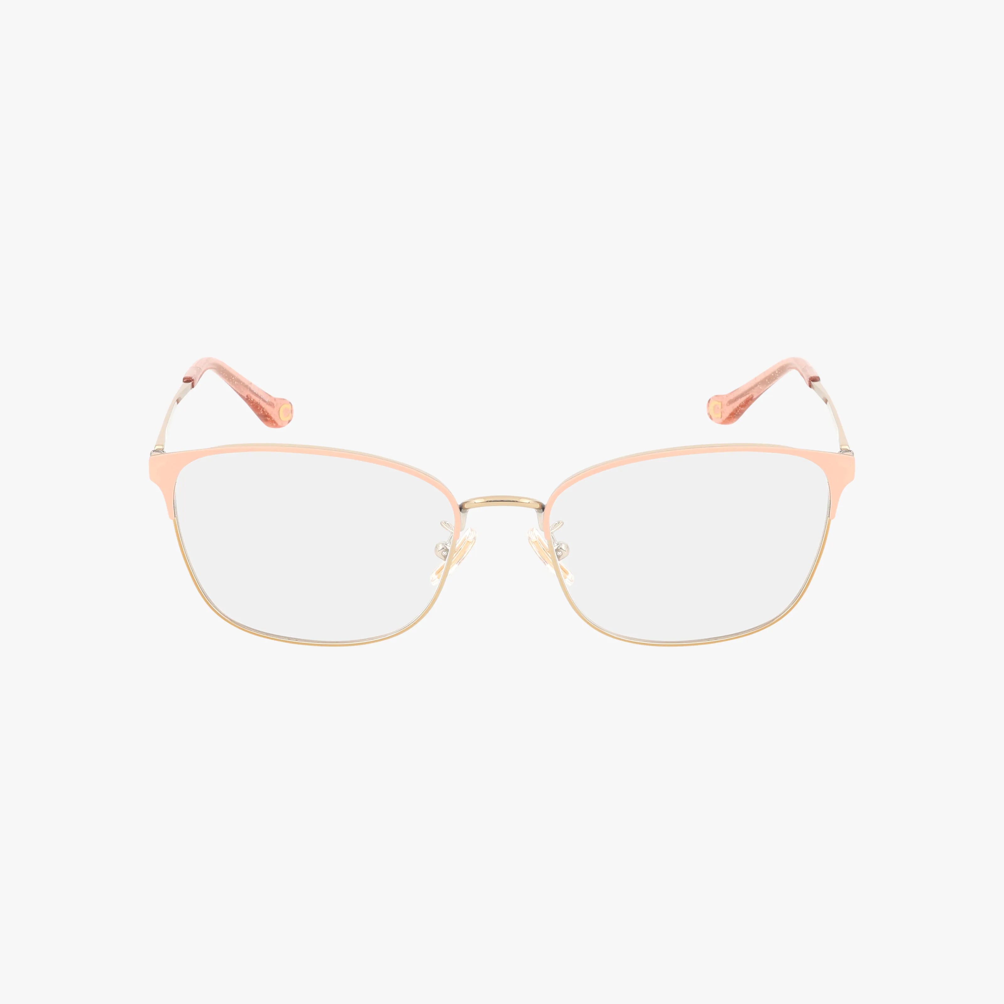 The HC5135 eyeglasses feature a lightweight gold metal frame with light pink accents on the top rims and pink temple tips, making them perfect for everyday wear; shown here on a white background.