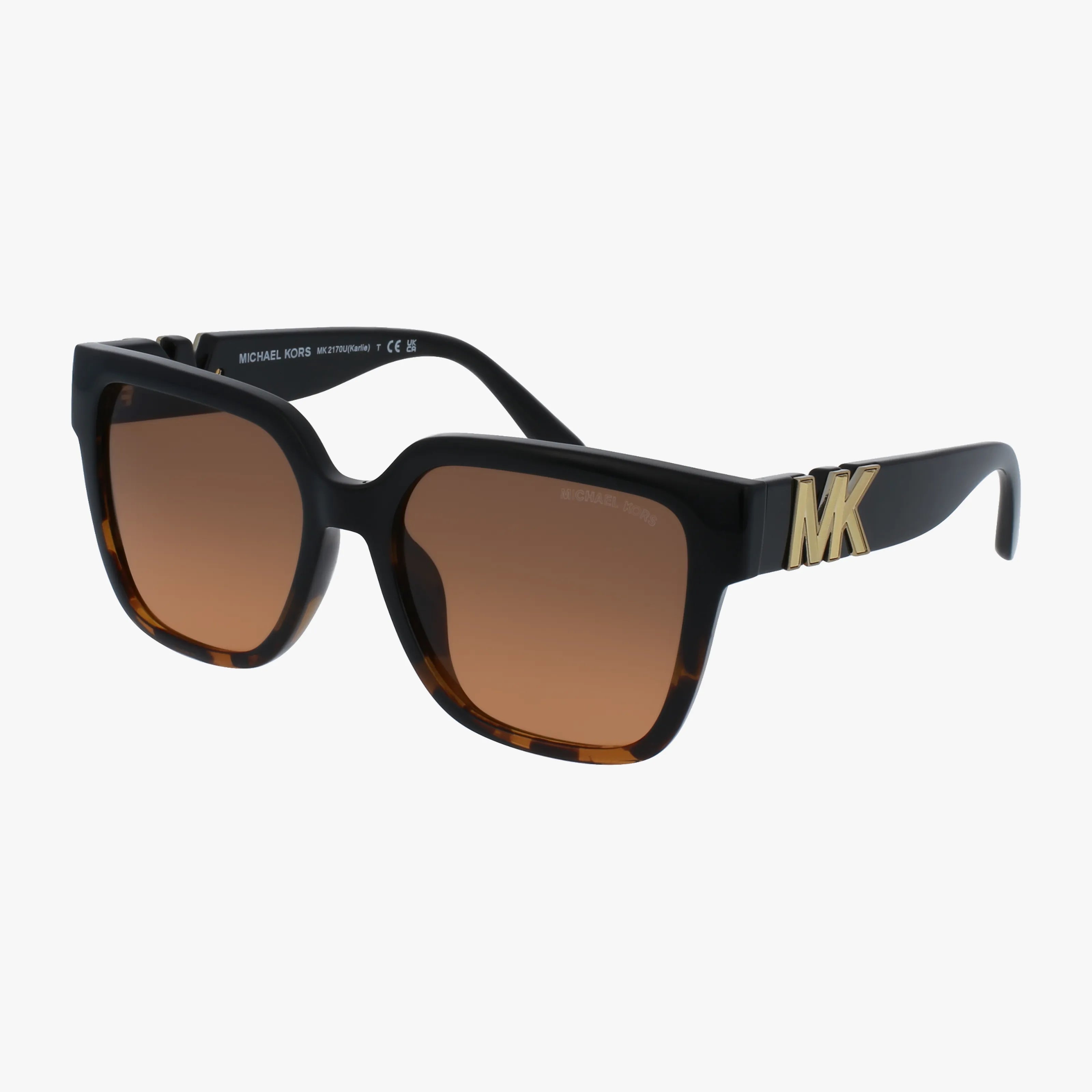 Chic MK2170U square tortoiseshell chunky sunglasses with brown gradient lenses, black arms, and a gold Michael Kors MK logo on the temples.