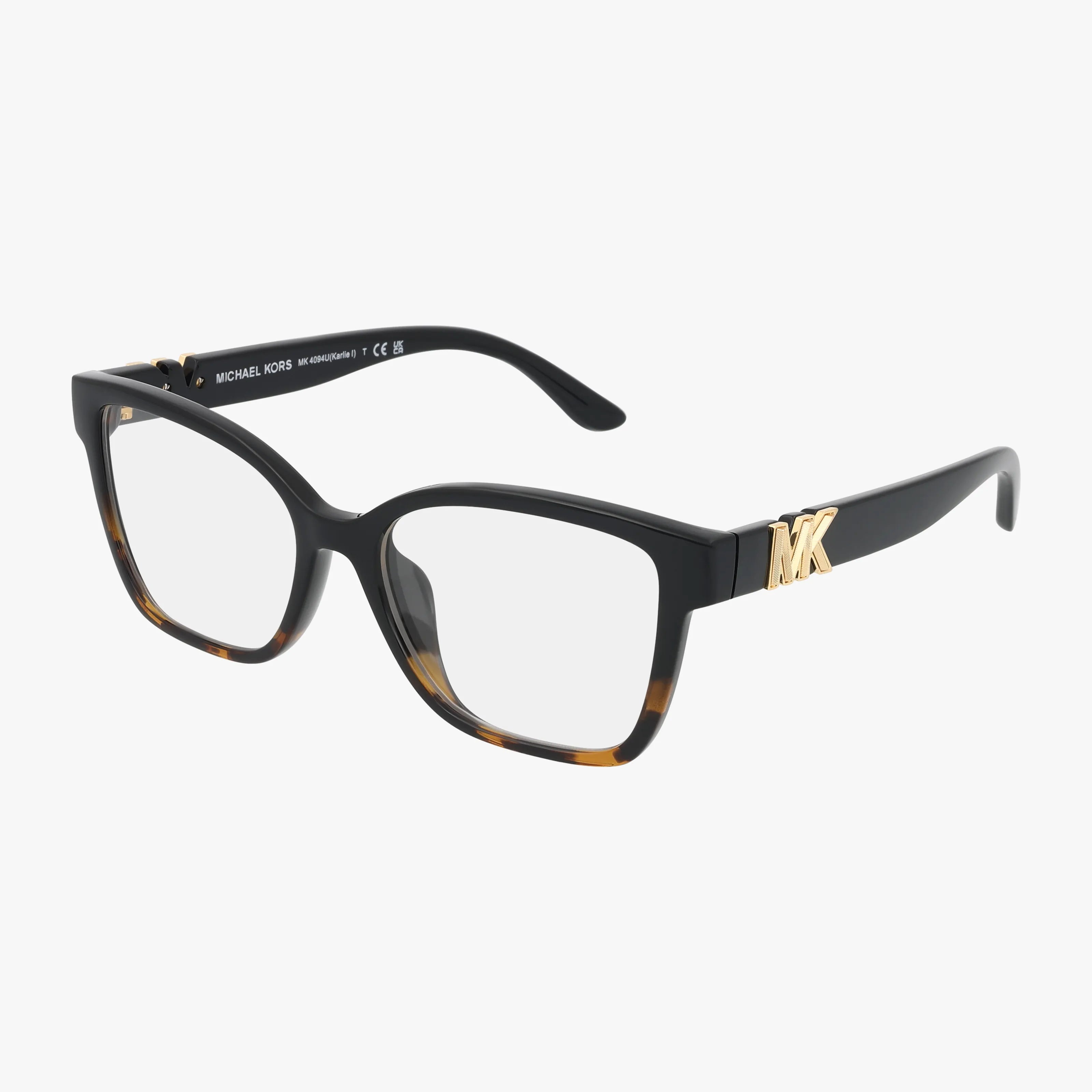 The MK4094U features black square frames with brown tortoiseshell accents, a gold MK logo on the temple, and Michael Kors branding inside the arm, highlighting its luxury design and quality craftsmanship.