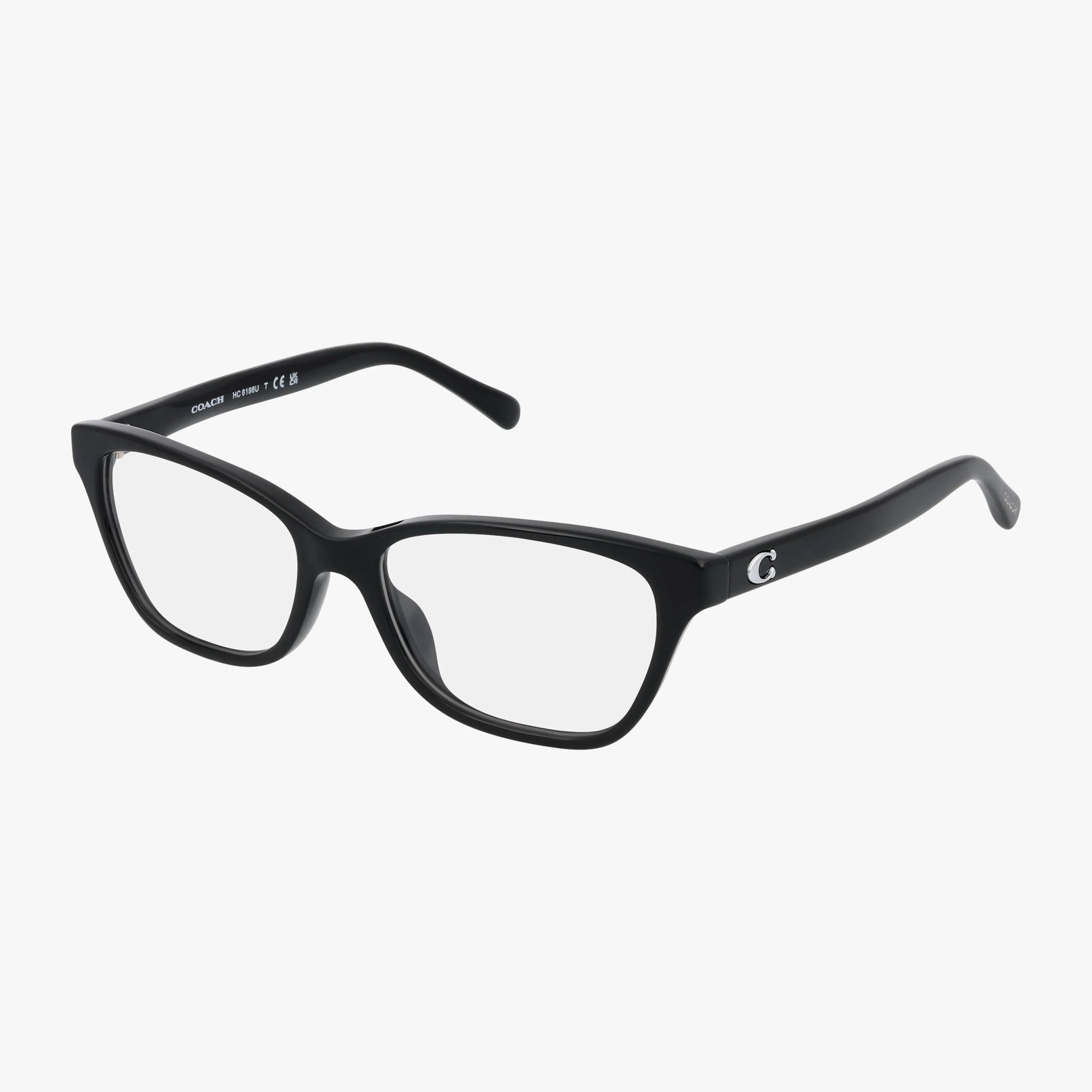 HC6196U black rectangular eyeglasses feature thick, minimalist frames with a small silver C logo on the arms near the hinges, combining modern durability and style. Shown on a white background.