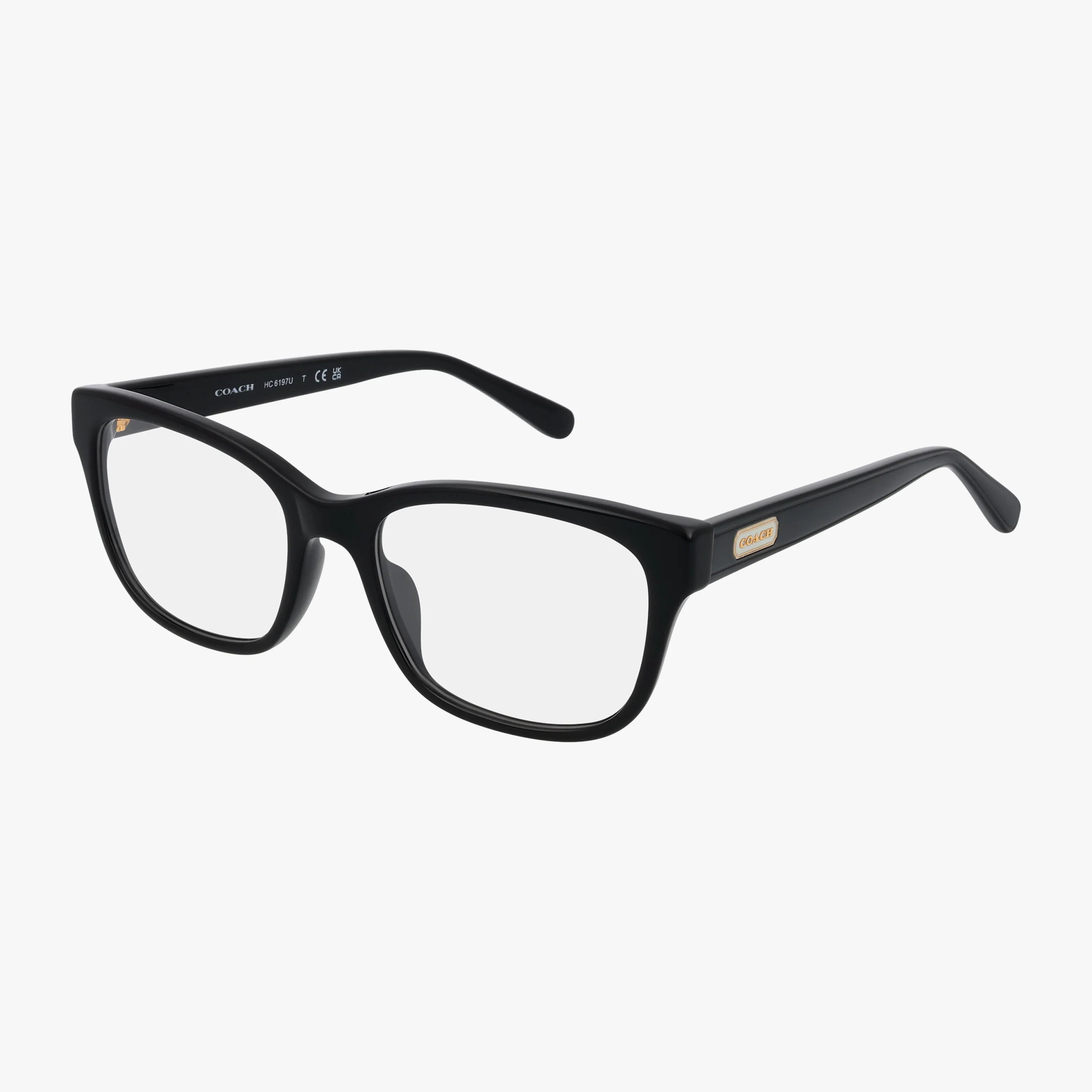 The HC6197U features black rectangular eyeglasses with a contemporary design, clear lenses, thick resilient frames, and a small gold-colored logo on the arm, all displayed on a white background.