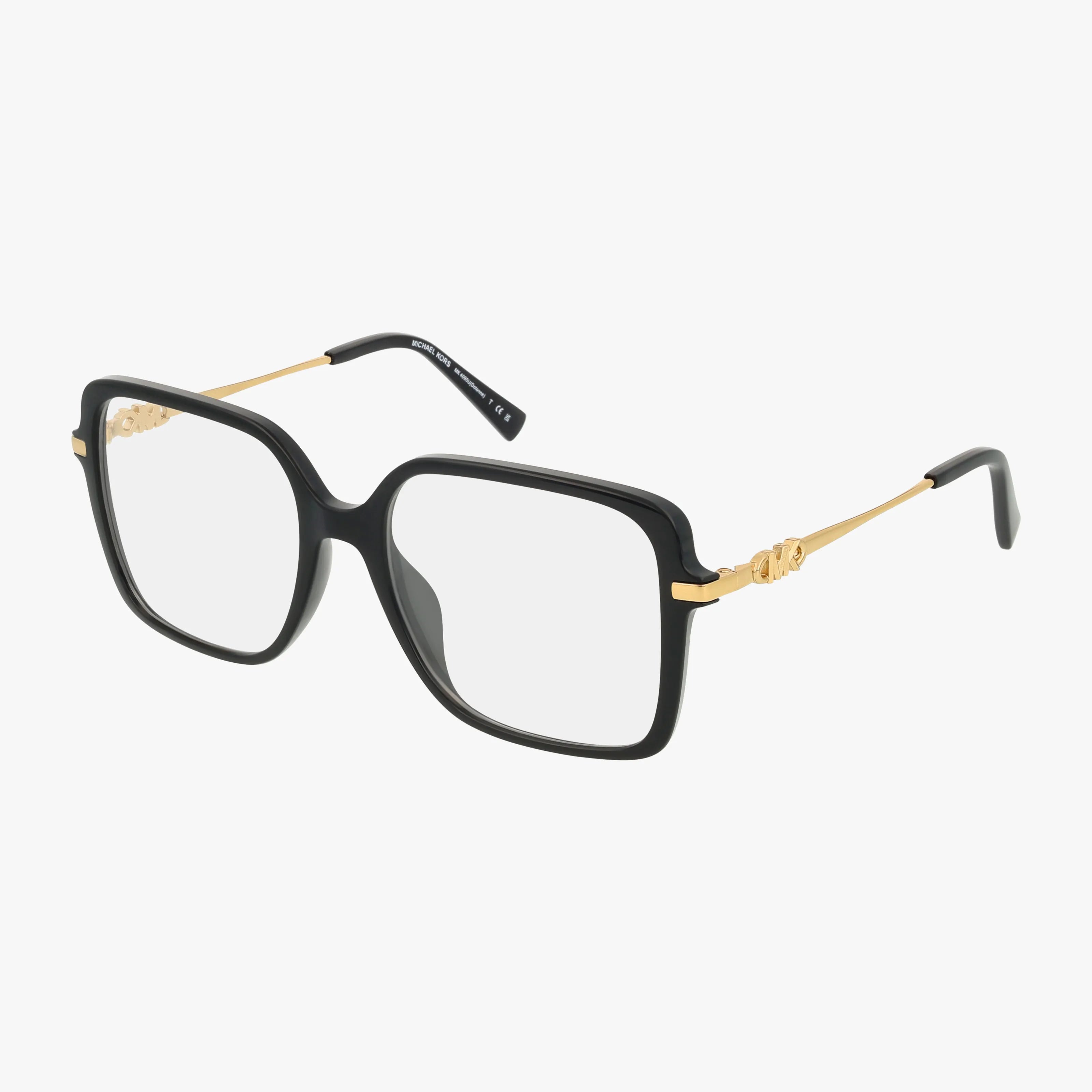 The MK4095U features oversized square eyeglasses with black rims, thin gold temples, and clear lenses—blending a bold design with minimalist, modern style for everyday excellence.