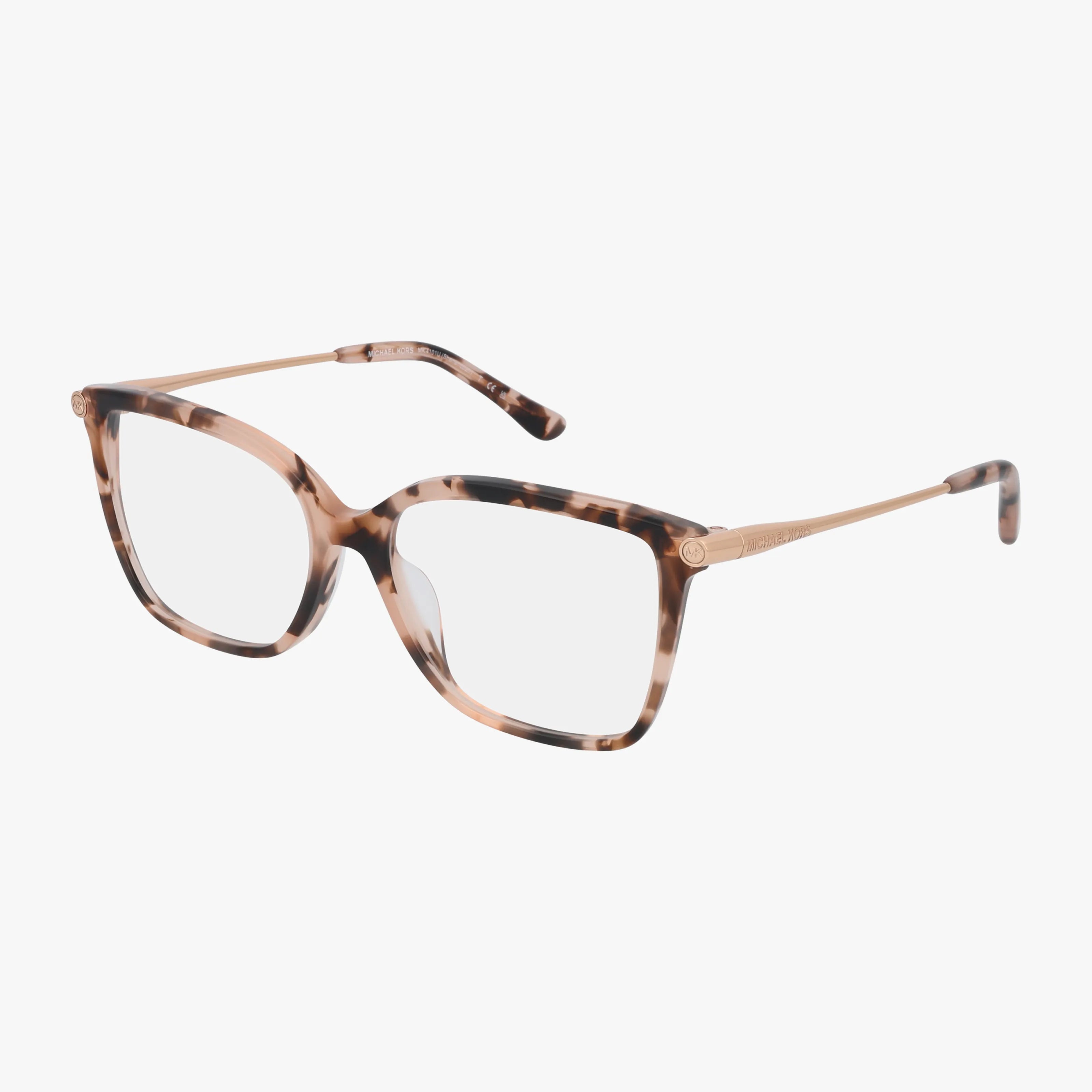 The MK4101U eyeglasses feature square tortoiseshell-patterned plastic frames with slim metal arms for a chic, refined look. Shown on a white background. Shop online now for timeless style.