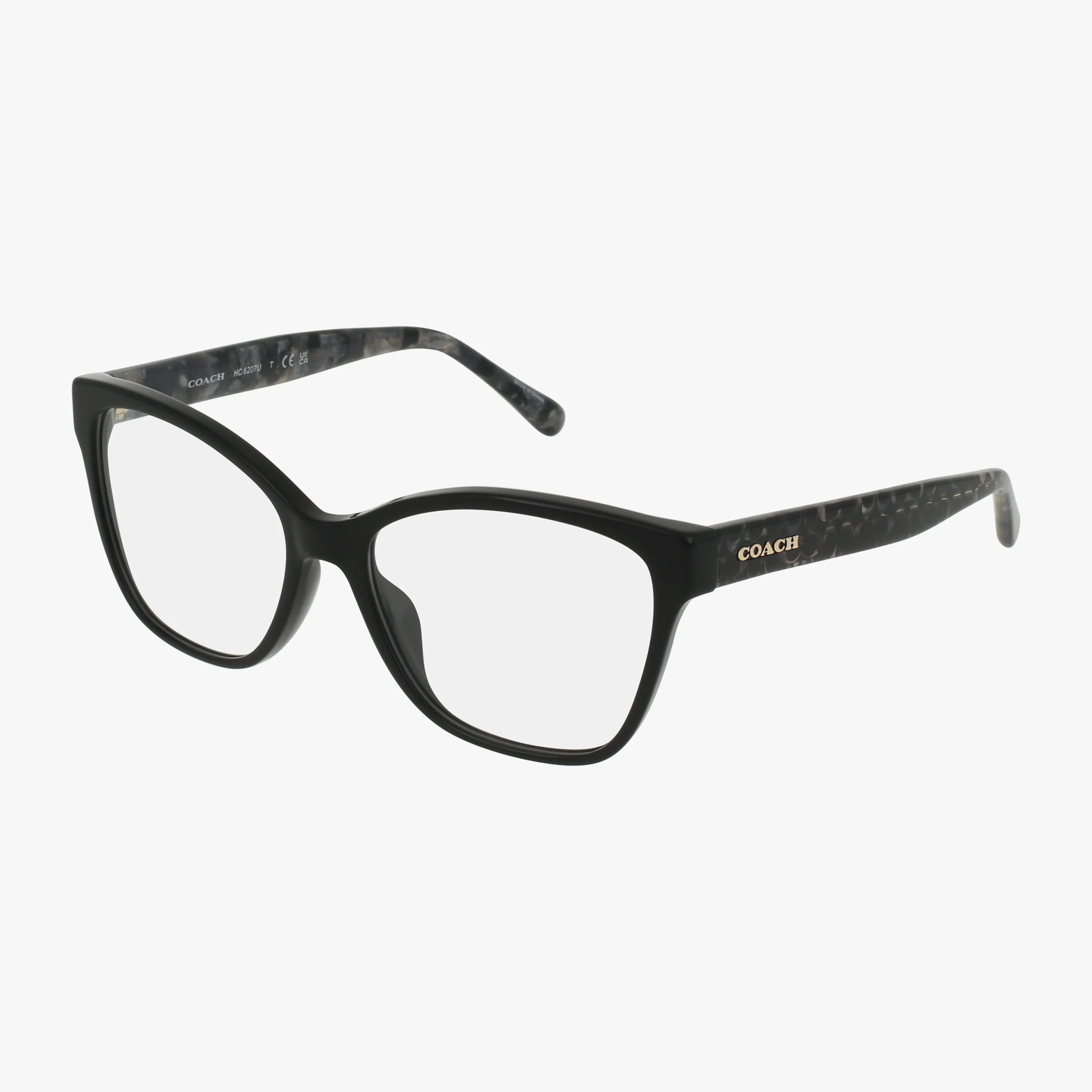 The Coach HC6207U eyeglasses feature black rectangular frames, slightly curved arms with a gold Coach logo on the side, and marbled inner arms—offering versatile style for any occasion.