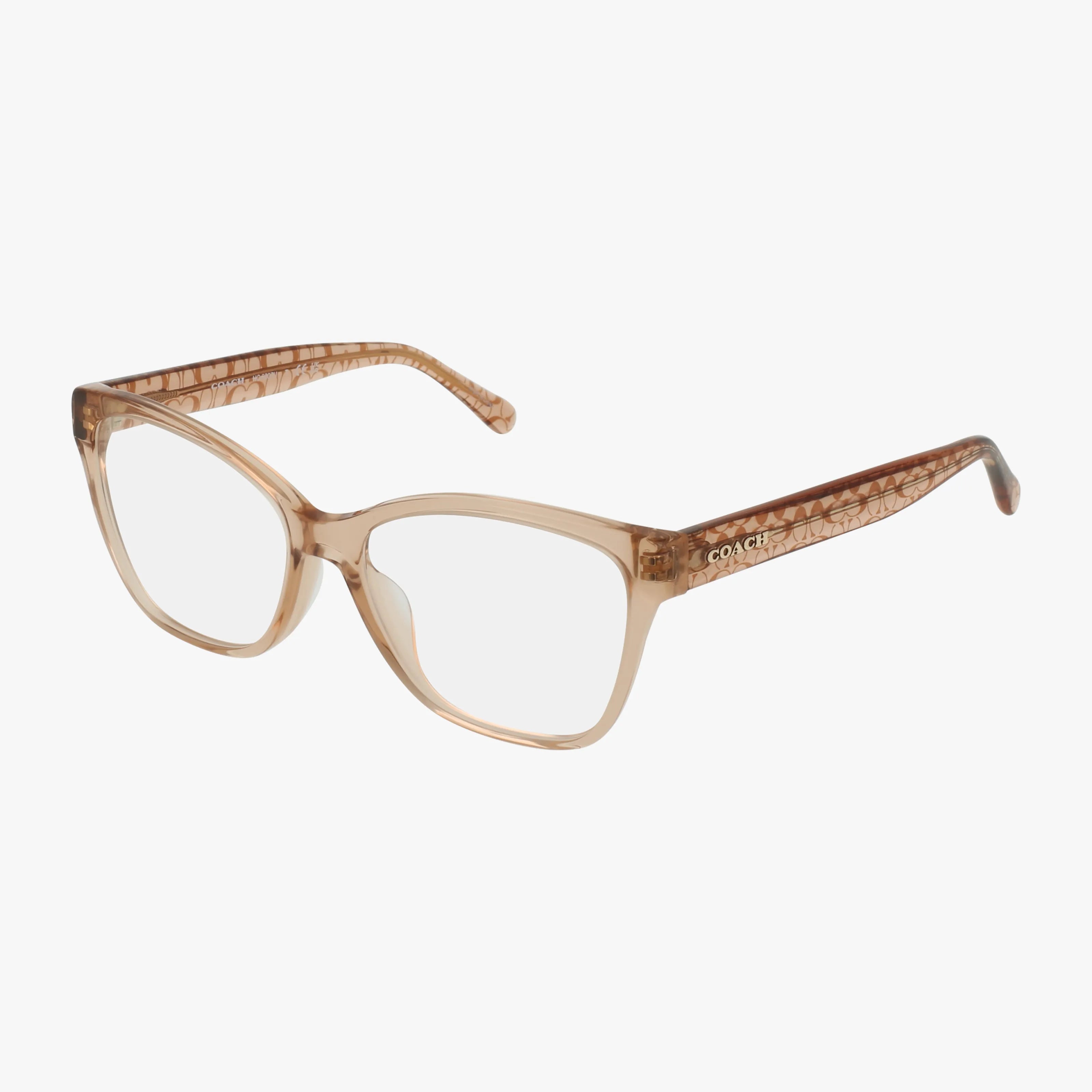 Coach HC6207U beige translucent rectangular eyeglasses feature textured patterned temples with the Coach logo on the side, offering stylish eyewear displayed on a white background.